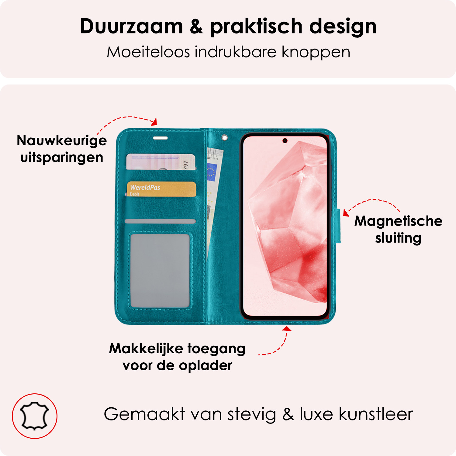 NoXx Hoes Geschikt voor Samsung A35 Hoesje Book Case Hoes Flip Cover Wallet Bookcase Met 2x Screenprotector - Turquoise