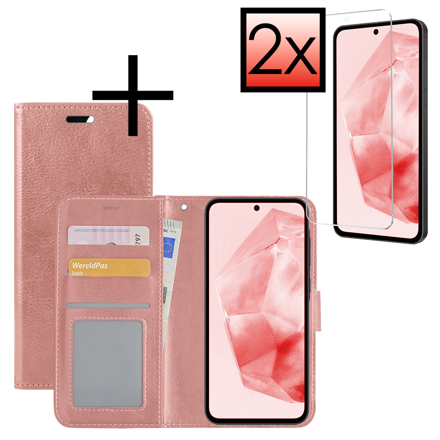 NoXx Hoes Geschikt voor Samsung A35 Hoesje Book Case Hoes Flip Cover Wallet Bookcase Met 2x Screenprotector - Rosé goud