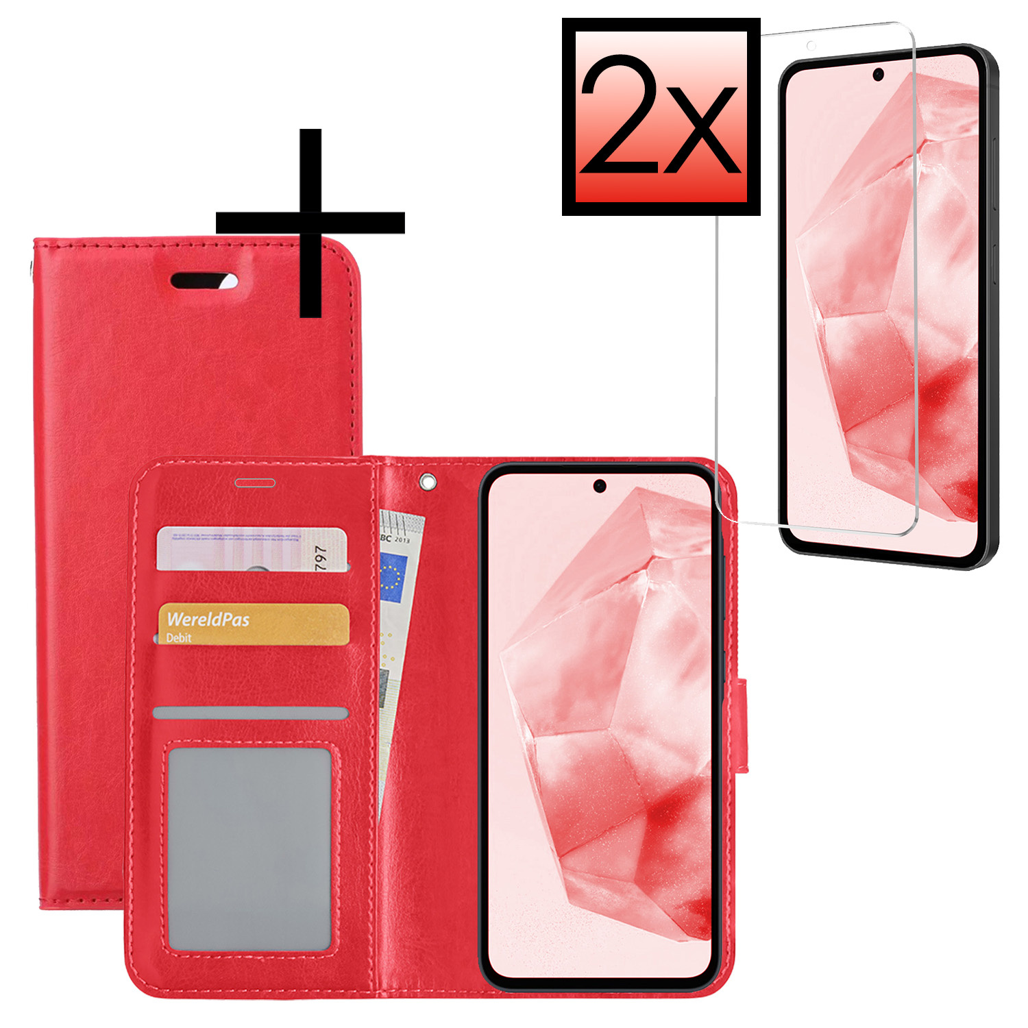 NoXx Hoes Geschikt voor Samsung A35 Hoesje Book Case Hoes Flip Cover Wallet Bookcase Met 2x Screenprotector - Rood