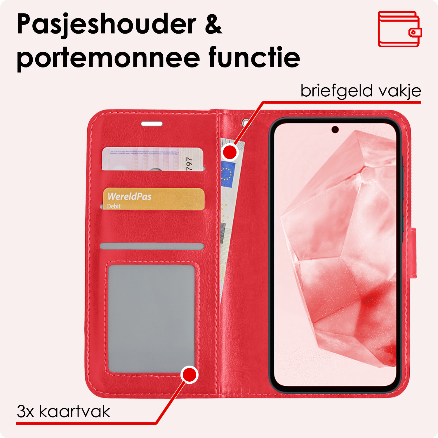 NoXx Hoes Geschikt voor Samsung A35 Hoesje Book Case Hoes Flip Cover Wallet Bookcase Met 2x Screenprotector - Rood