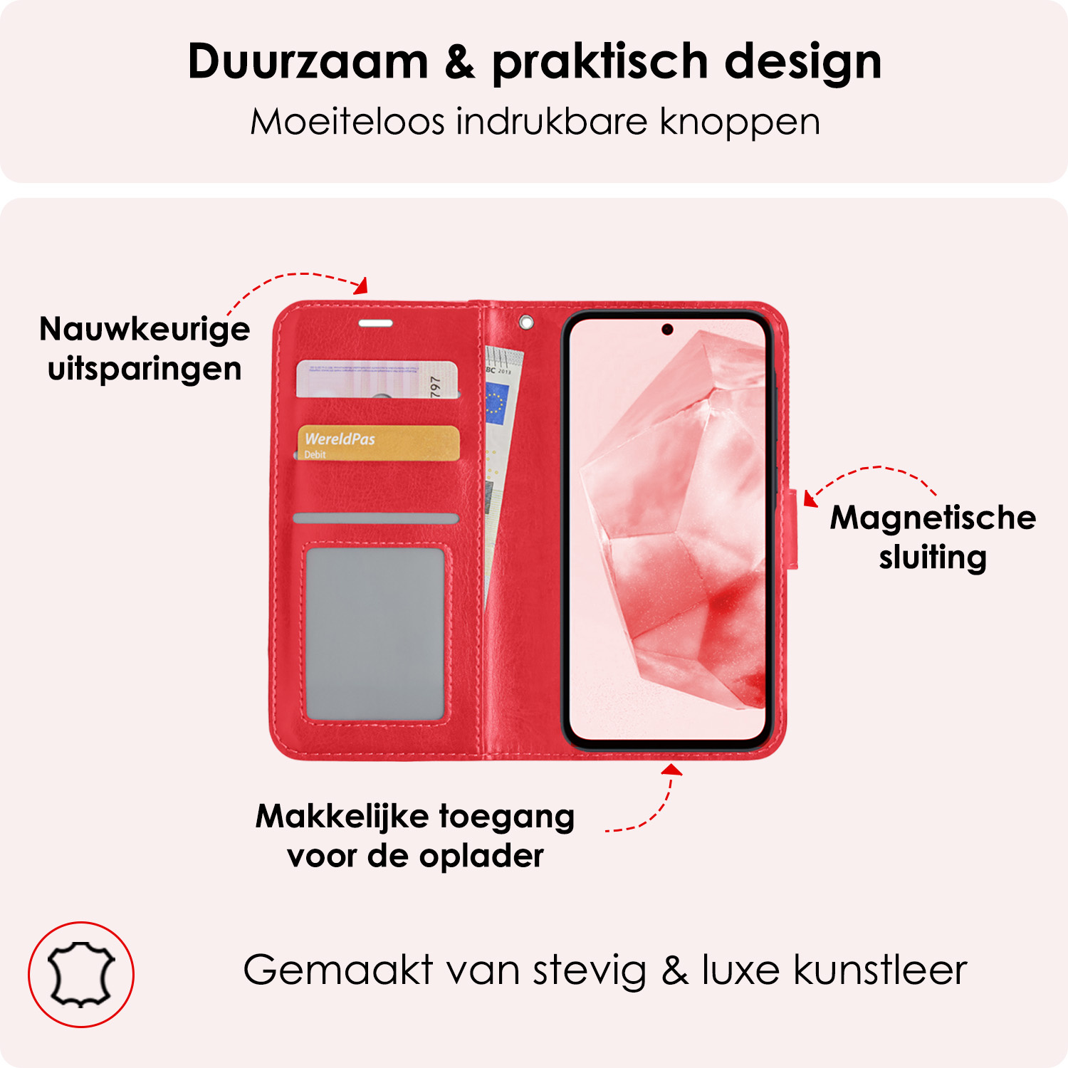 NoXx Hoes Geschikt voor Samsung A35 Hoesje Book Case Hoes Flip Cover Wallet Bookcase Met 2x Screenprotector - Rood