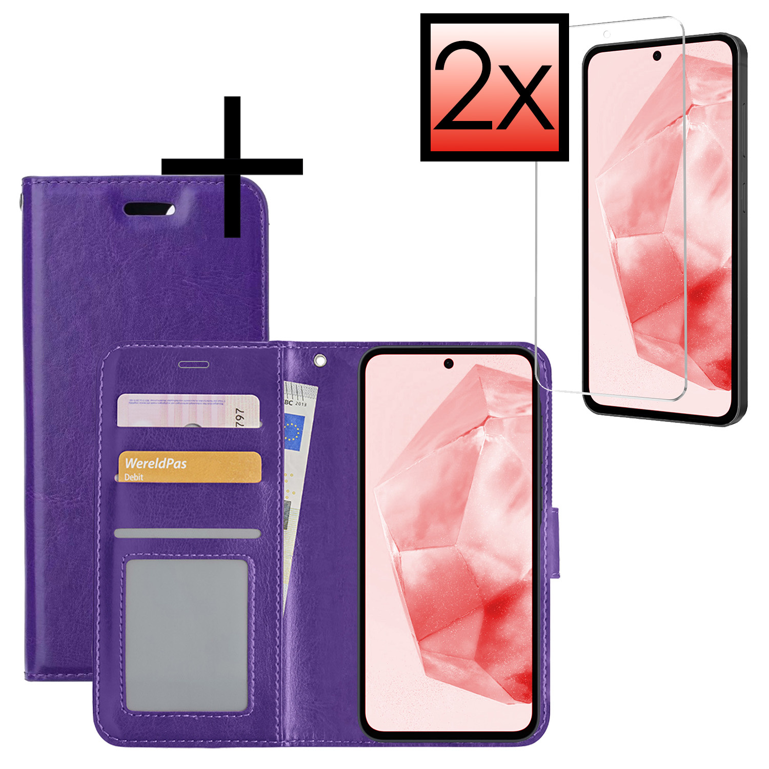 NoXx Hoes Geschikt voor Samsung A35 Hoesje Book Case Hoes Flip Cover Wallet Bookcase Met 2x Screenprotector - Paars