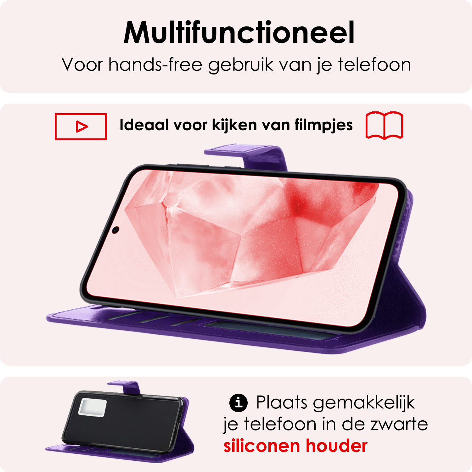 NoXx Hoes Geschikt voor Samsung A35 Hoesje Book Case Hoes Flip Cover Wallet Bookcase Met 2x Screenprotector - Paars