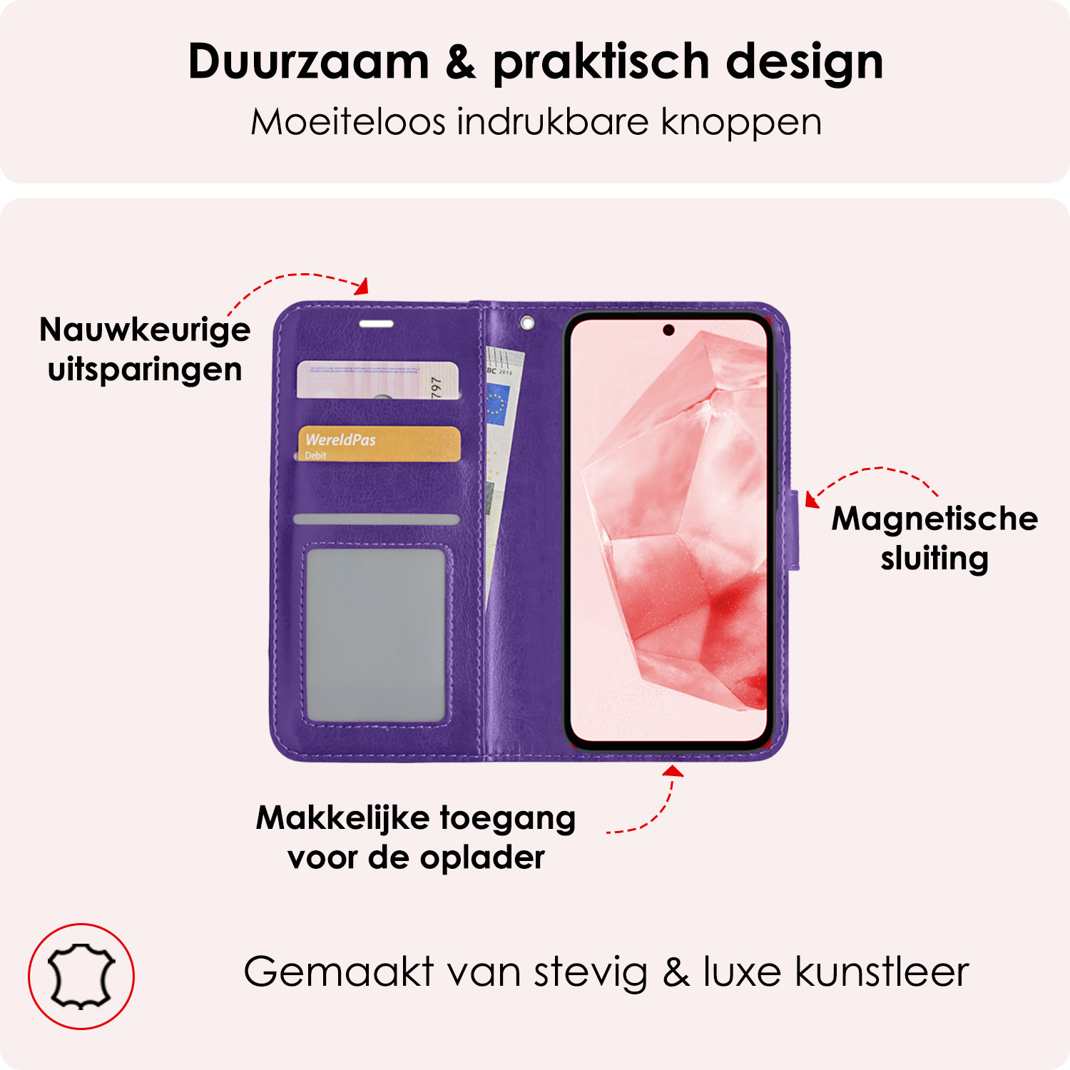 NoXx Hoes Geschikt voor Samsung A35 Hoesje Book Case Hoes Flip Cover Wallet Bookcase Met 2x Screenprotector - Paars