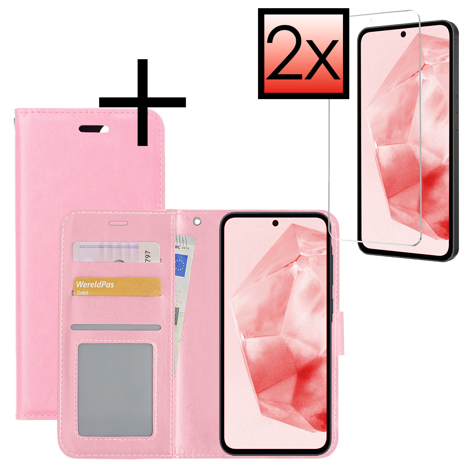 NoXx Hoes Geschikt voor Samsung A35 Hoesje Book Case Hoes Flip Cover Wallet Bookcase Met 2x Screenprotector - Lichtroze