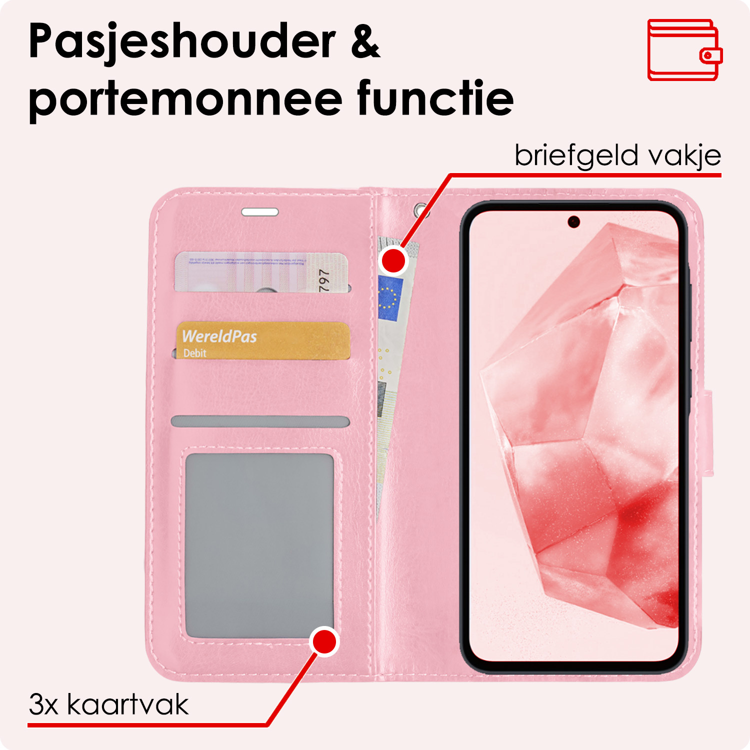 NoXx Hoes Geschikt voor Samsung A35 Hoesje Book Case Hoes Flip Cover Wallet Bookcase Met 2x Screenprotector - Lichtroze