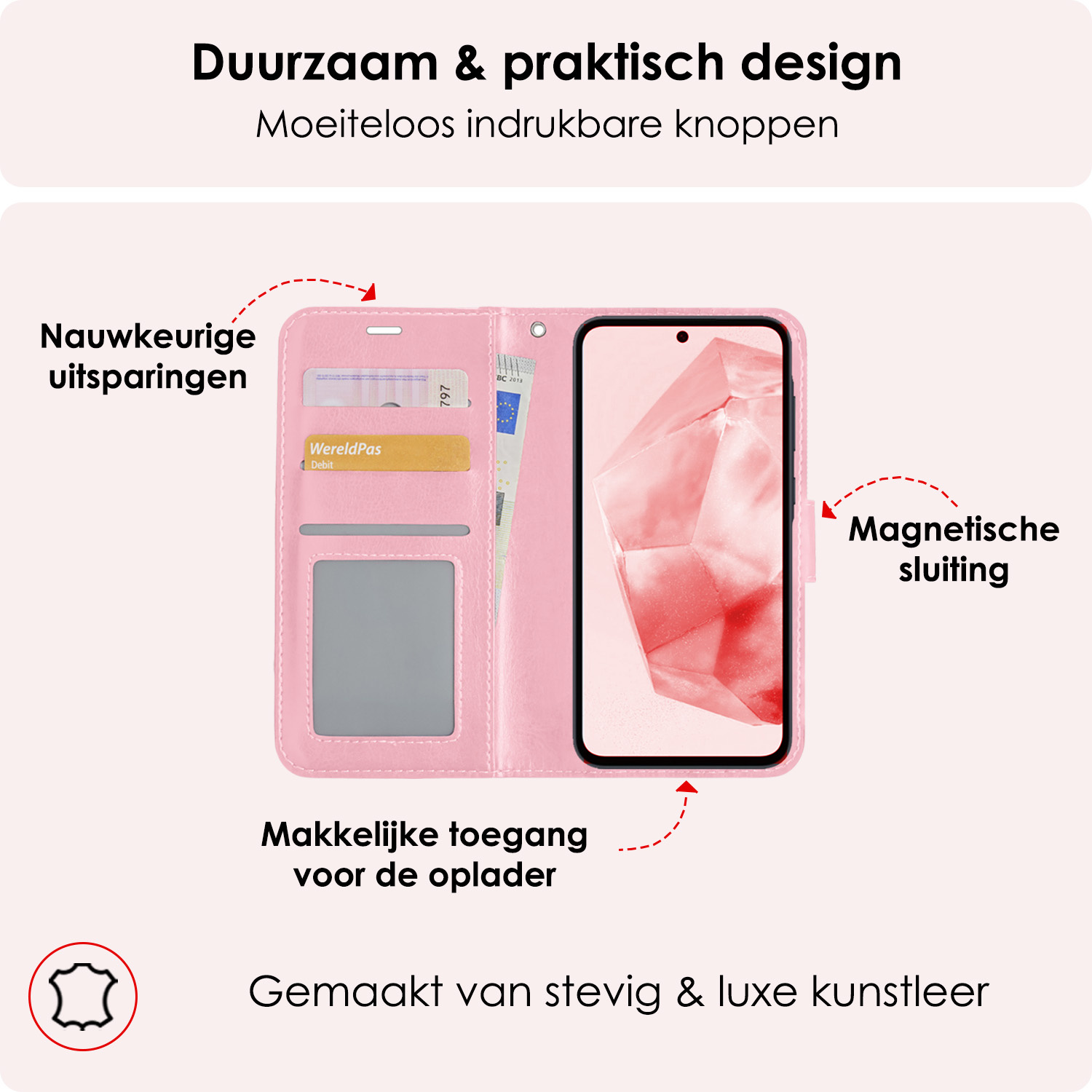 NoXx Hoes Geschikt voor Samsung A35 Hoesje Book Case Hoes Flip Cover Wallet Bookcase Met 2x Screenprotector - Lichtroze