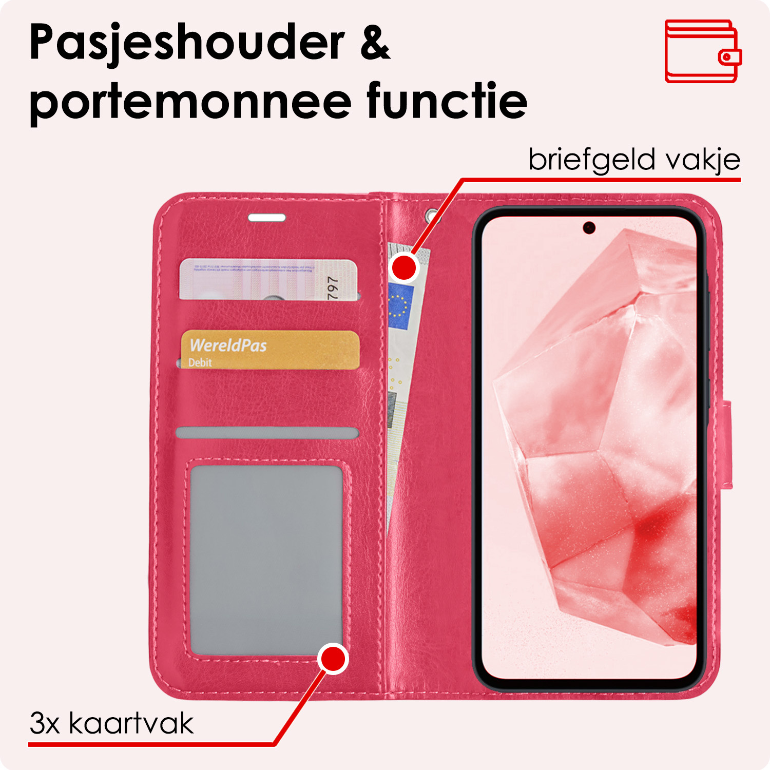 NoXx Hoes Geschikt voor Samsung A35 Hoesje Book Case Hoes Flip Cover Wallet Bookcase Met 2x Screenprotector - Donkerroze