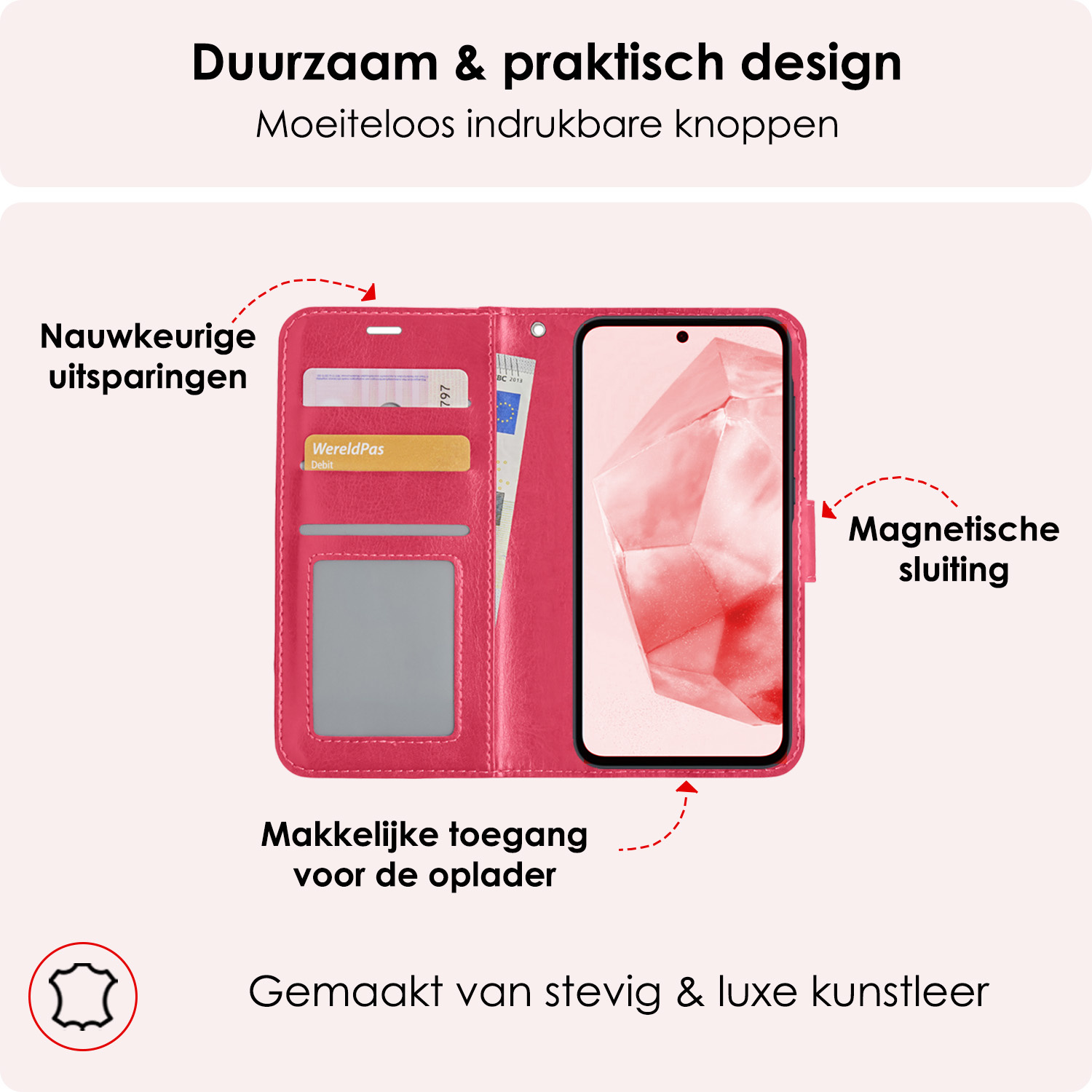 NoXx Hoes Geschikt voor Samsung A35 Hoesje Book Case Hoes Flip Cover Wallet Bookcase Met 2x Screenprotector - Donkerroze