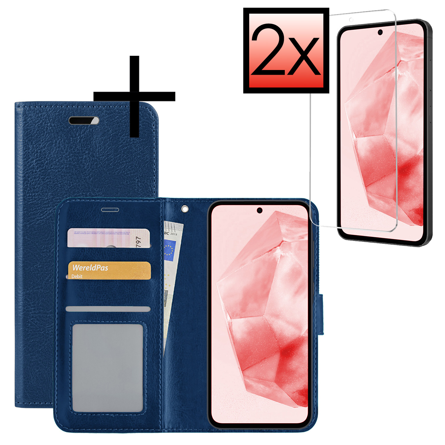 NoXx Hoes Geschikt voor Samsung A35 Hoesje Book Case Hoes Flip Cover Wallet Bookcase Met 2x Screenprotector - Donkerblauw