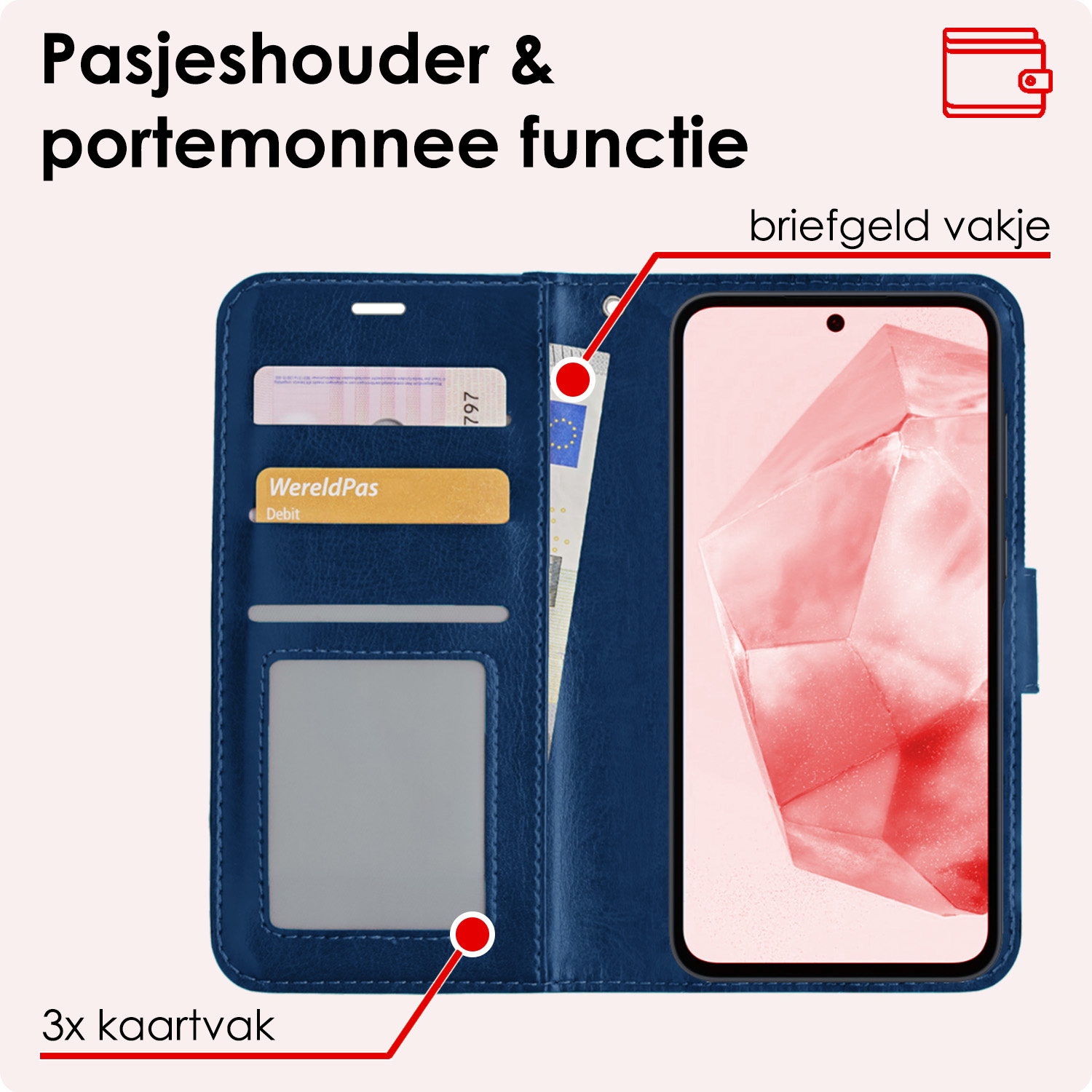 NoXx Hoes Geschikt voor Samsung A35 Hoesje Book Case Hoes Flip Cover Wallet Bookcase Met 2x Screenprotector - Donkerblauw
