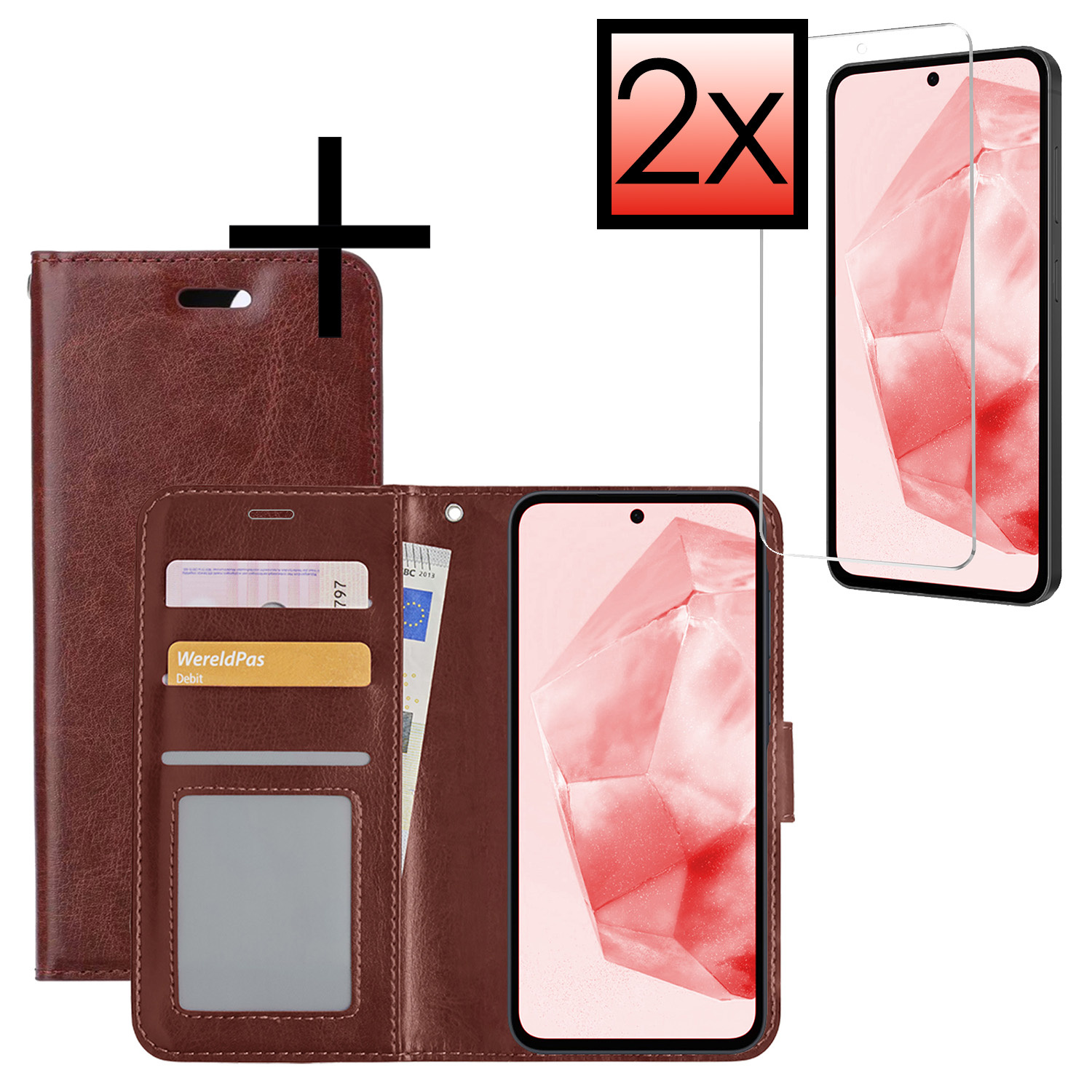 NoXx Hoes Geschikt voor Samsung A35 Hoesje Book Case Hoes Flip Cover Wallet Bookcase Met 2x Screenprotector - Bruin