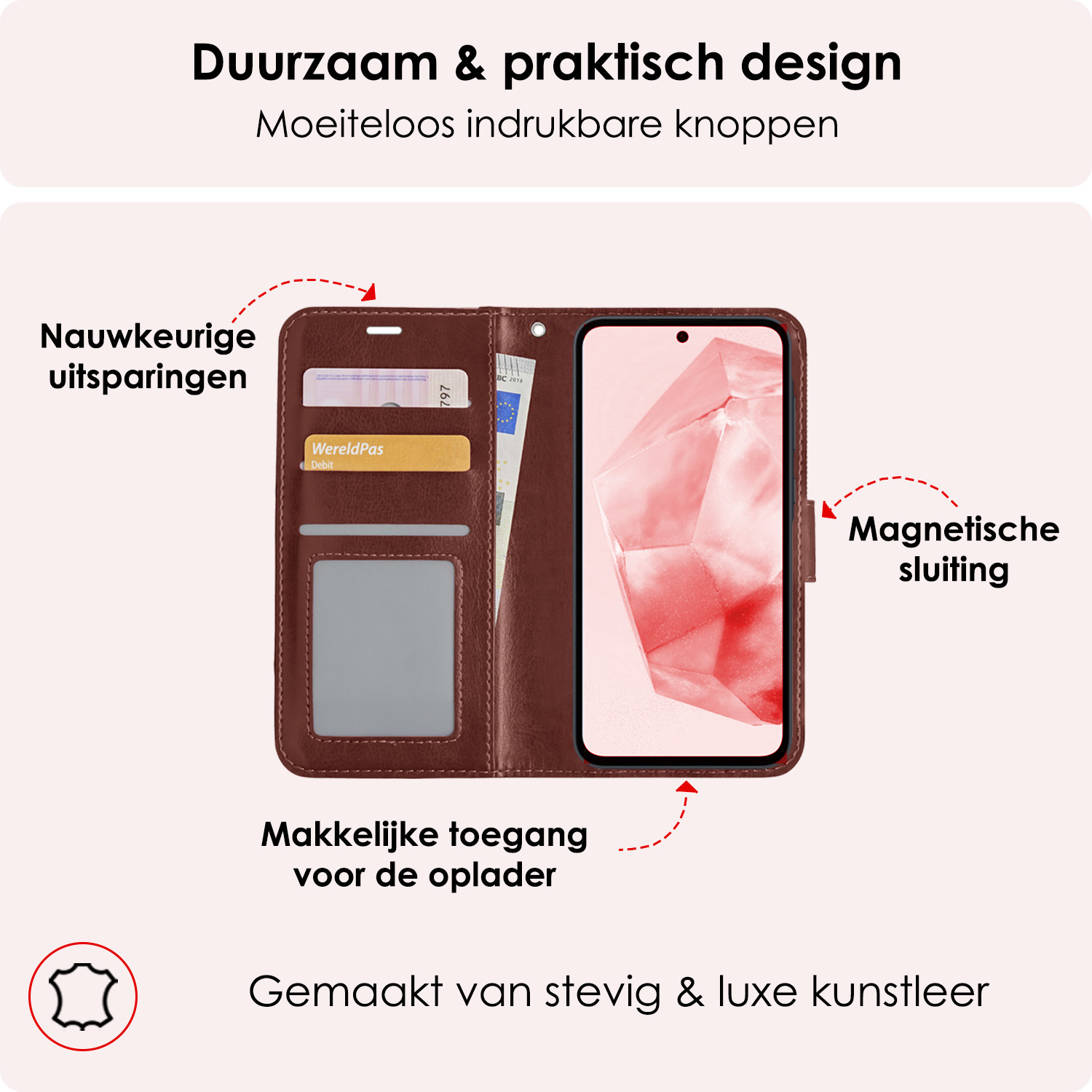 NoXx Hoes Geschikt voor Samsung A35 Hoesje Book Case Hoes Flip Cover Wallet Bookcase Met 2x Screenprotector - Bruin