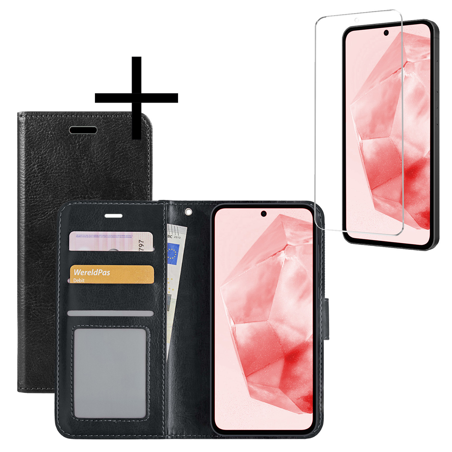 NoXx Hoes Geschikt voor Samsung A35 Hoesje Book Case Hoes Flip Cover Wallet Bookcase Met Screenprotector - Zwart