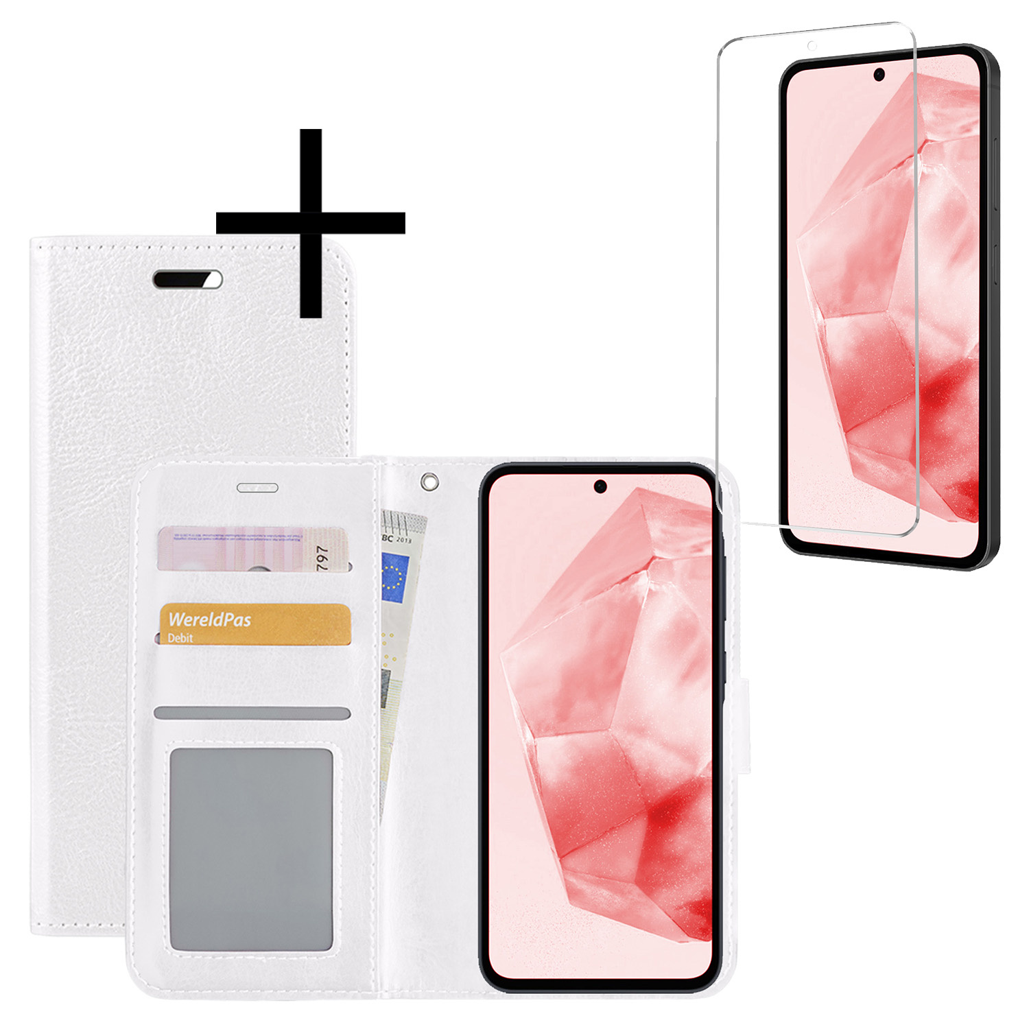 NoXx Hoes Geschikt voor Samsung A35 Hoesje Book Case Hoes Flip Cover Wallet Bookcase Met Screenprotector - Wit