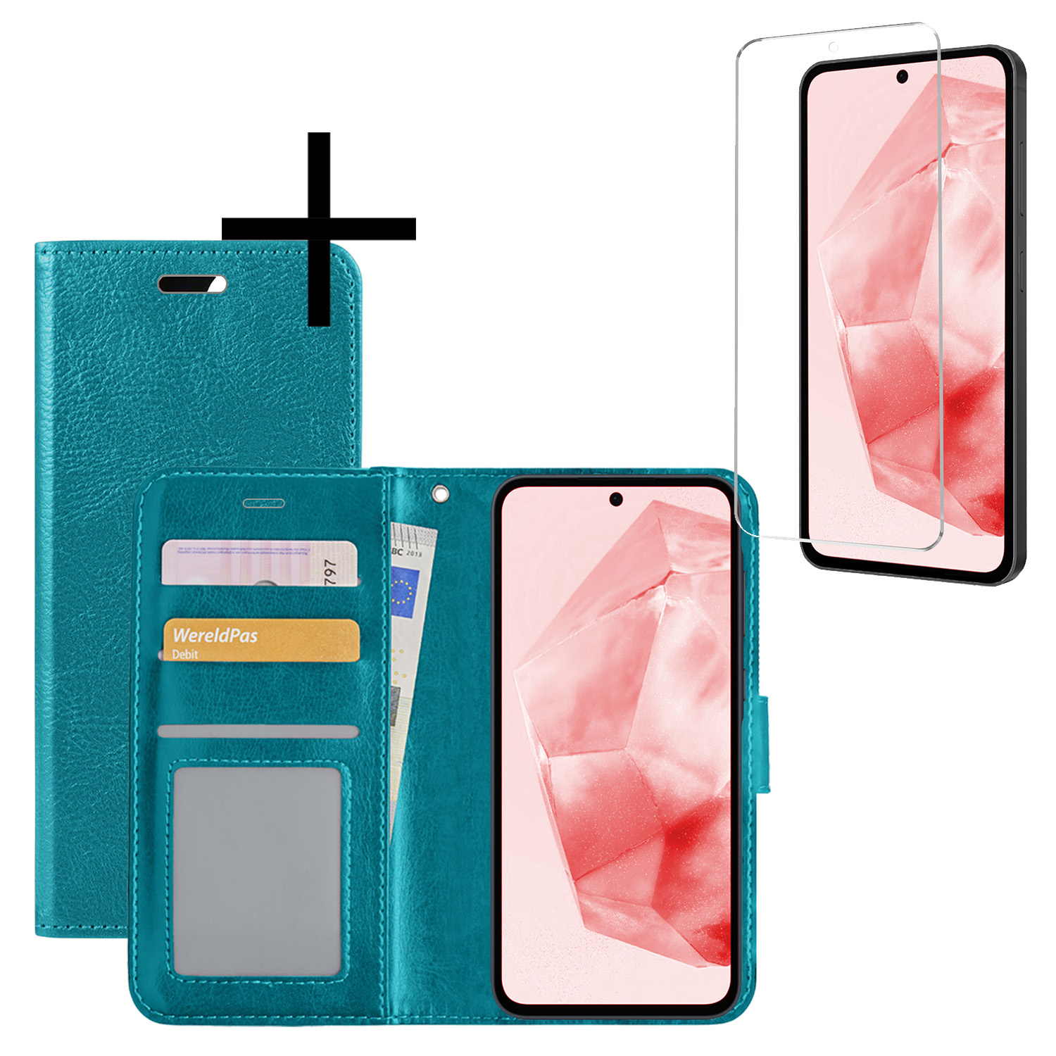NoXx Hoes Geschikt voor Samsung A35 Hoesje Book Case Hoes Flip Cover Wallet Bookcase Met Screenprotector - Turquoise