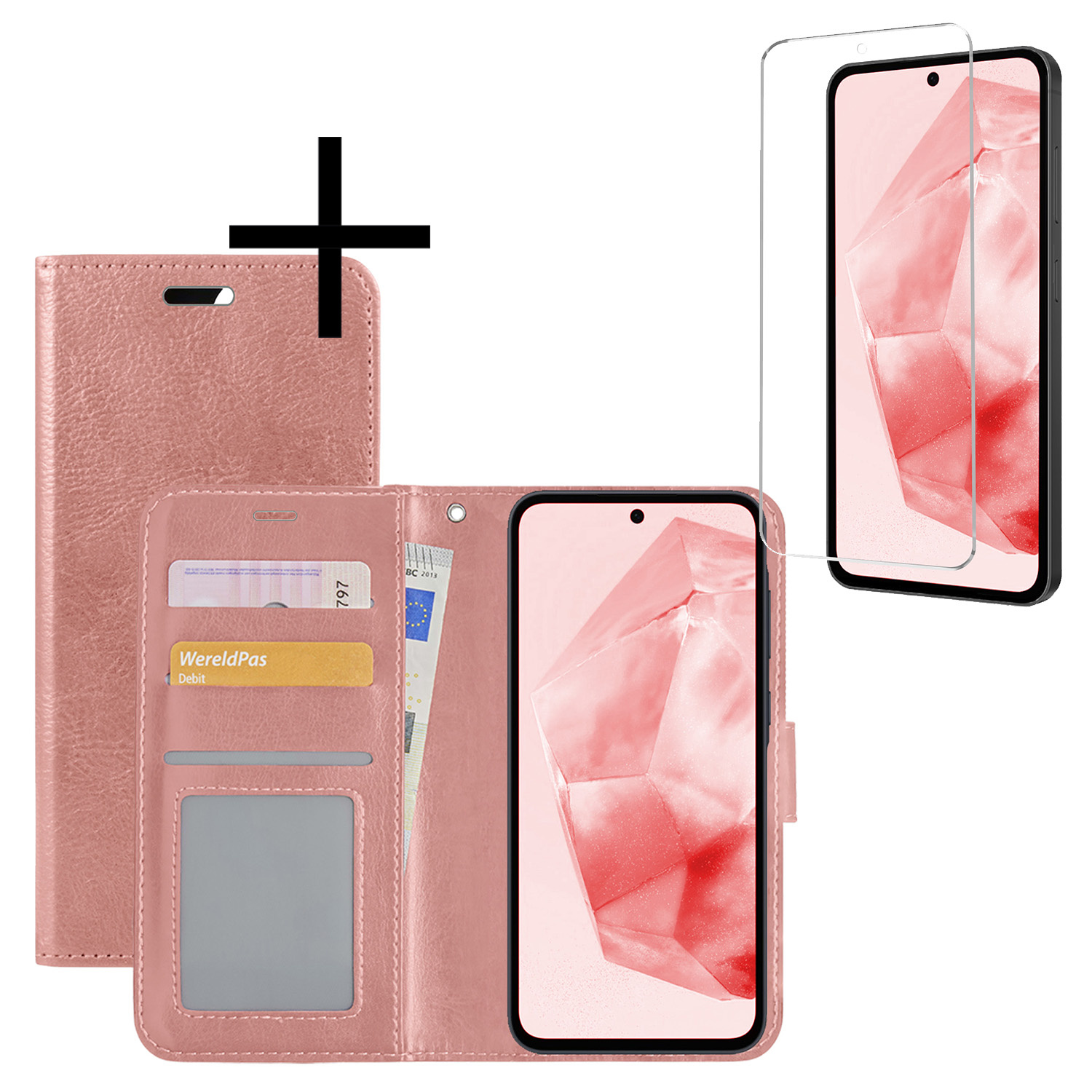 NoXx Hoes Geschikt voor Samsung A35 Hoesje Book Case Hoes Flip Cover Wallet Bookcase Met Screenprotector - Rosé goud