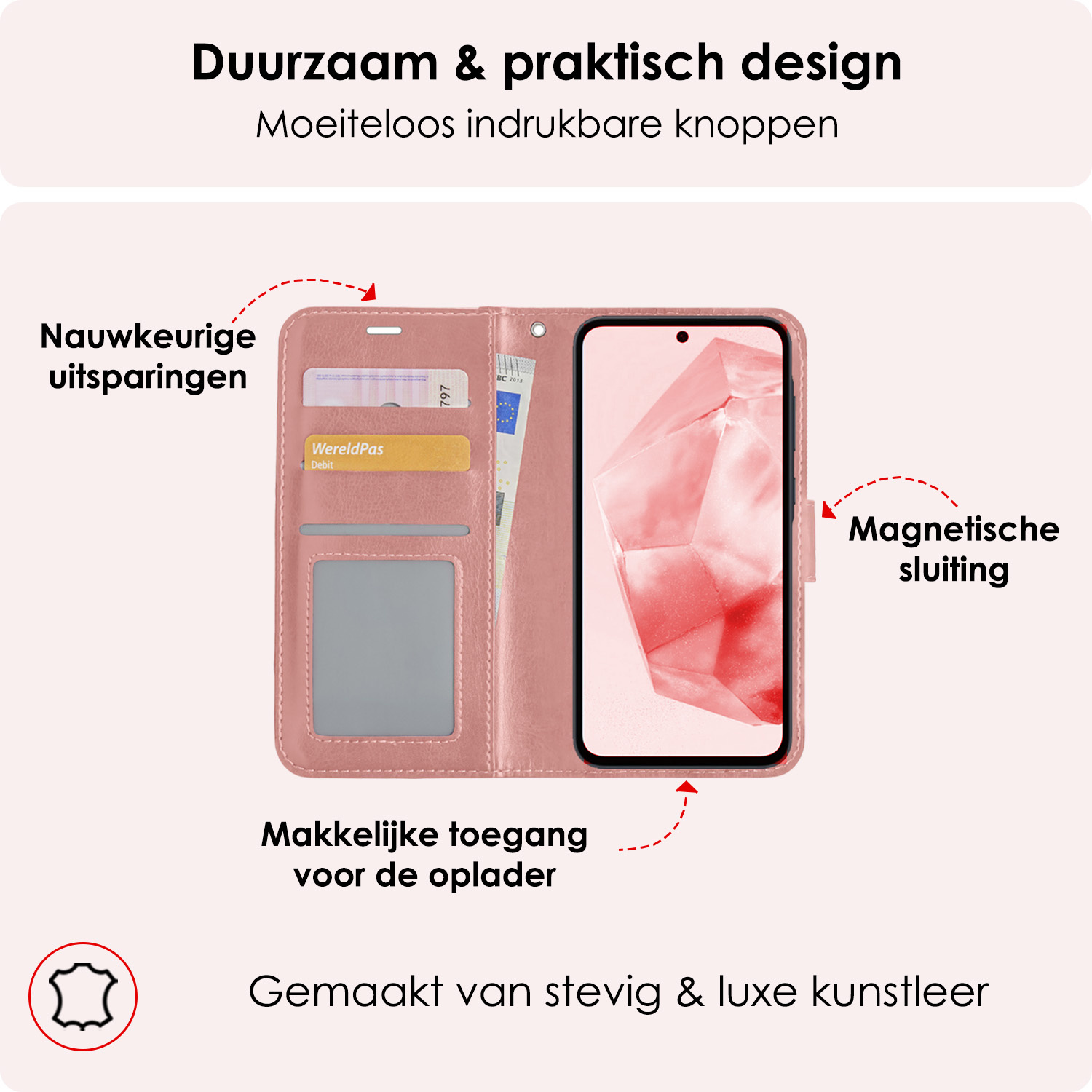 NoXx Hoes Geschikt voor Samsung A35 Hoesje Book Case Hoes Flip Cover Wallet Bookcase Met Screenprotector - Rosé goud