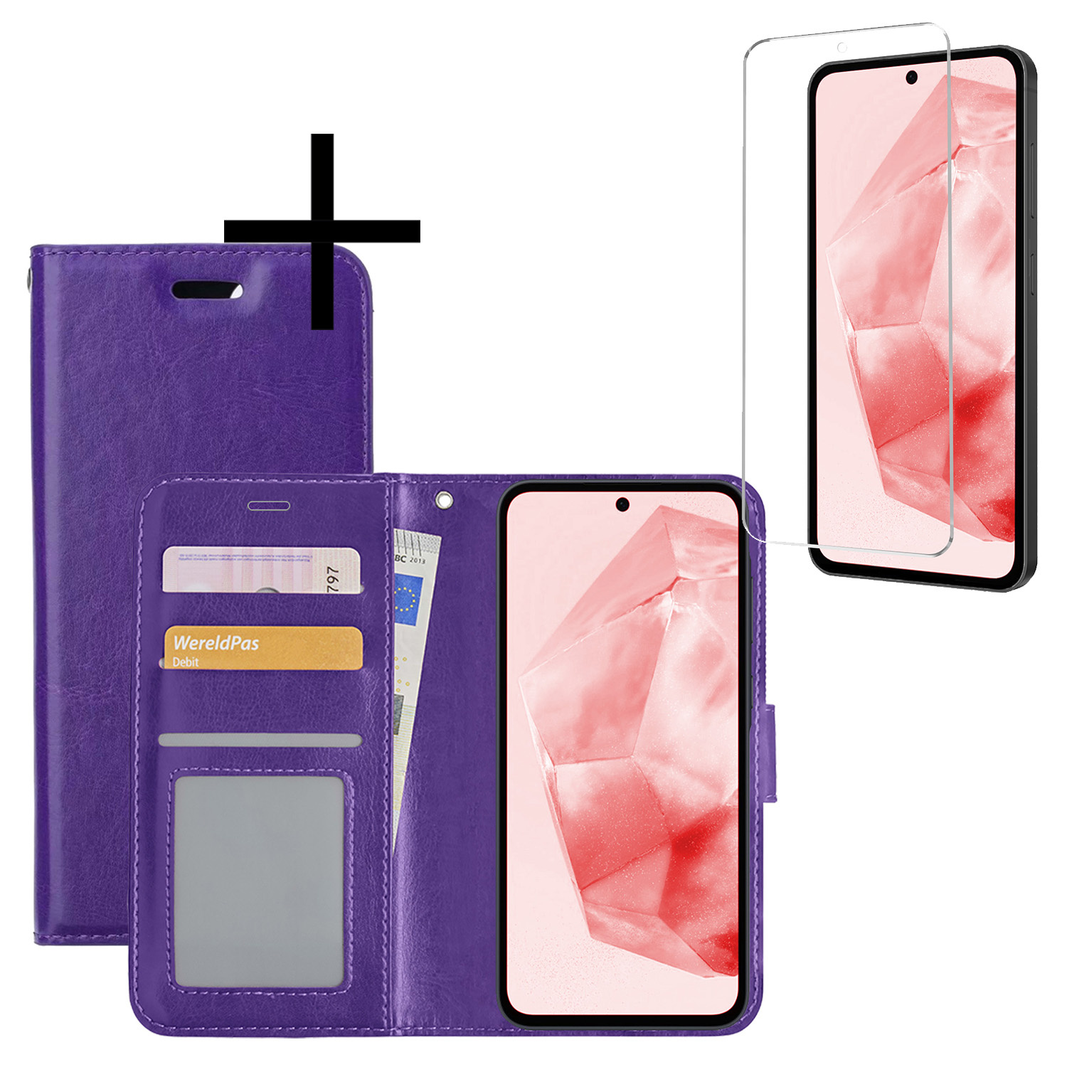 NoXx Hoes Geschikt voor Samsung A35 Hoesje Book Case Hoes Flip Cover Wallet Bookcase Met Screenprotector - Paars