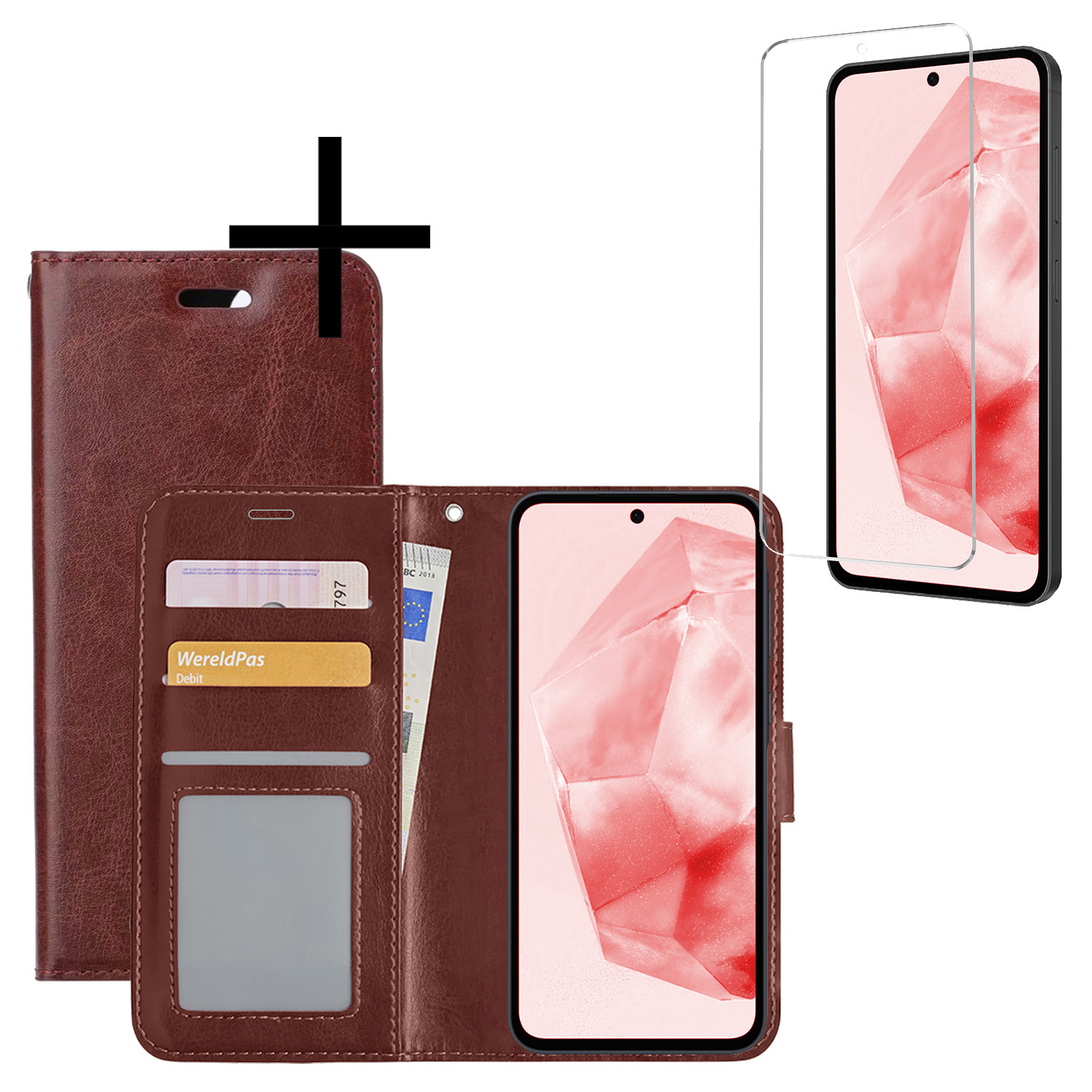 NoXx Hoes Geschikt voor Samsung A35 Hoesje Book Case Hoes Flip Cover Wallet Bookcase Met Screenprotector - Bruin