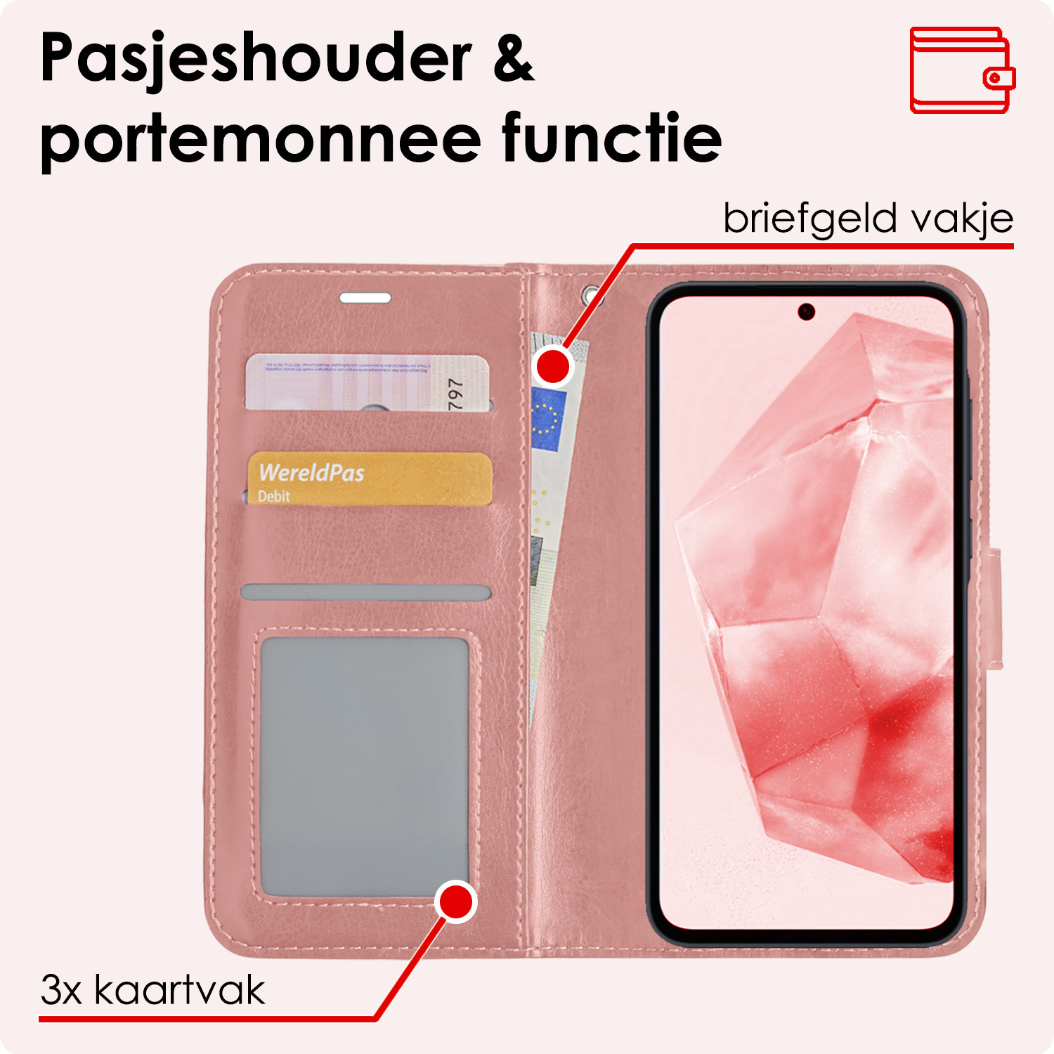 NoXx Hoes Geschikt voor Samsung A35 Hoesje Book Case Hoes Flip Cover Wallet Bookcase - Rosé goud