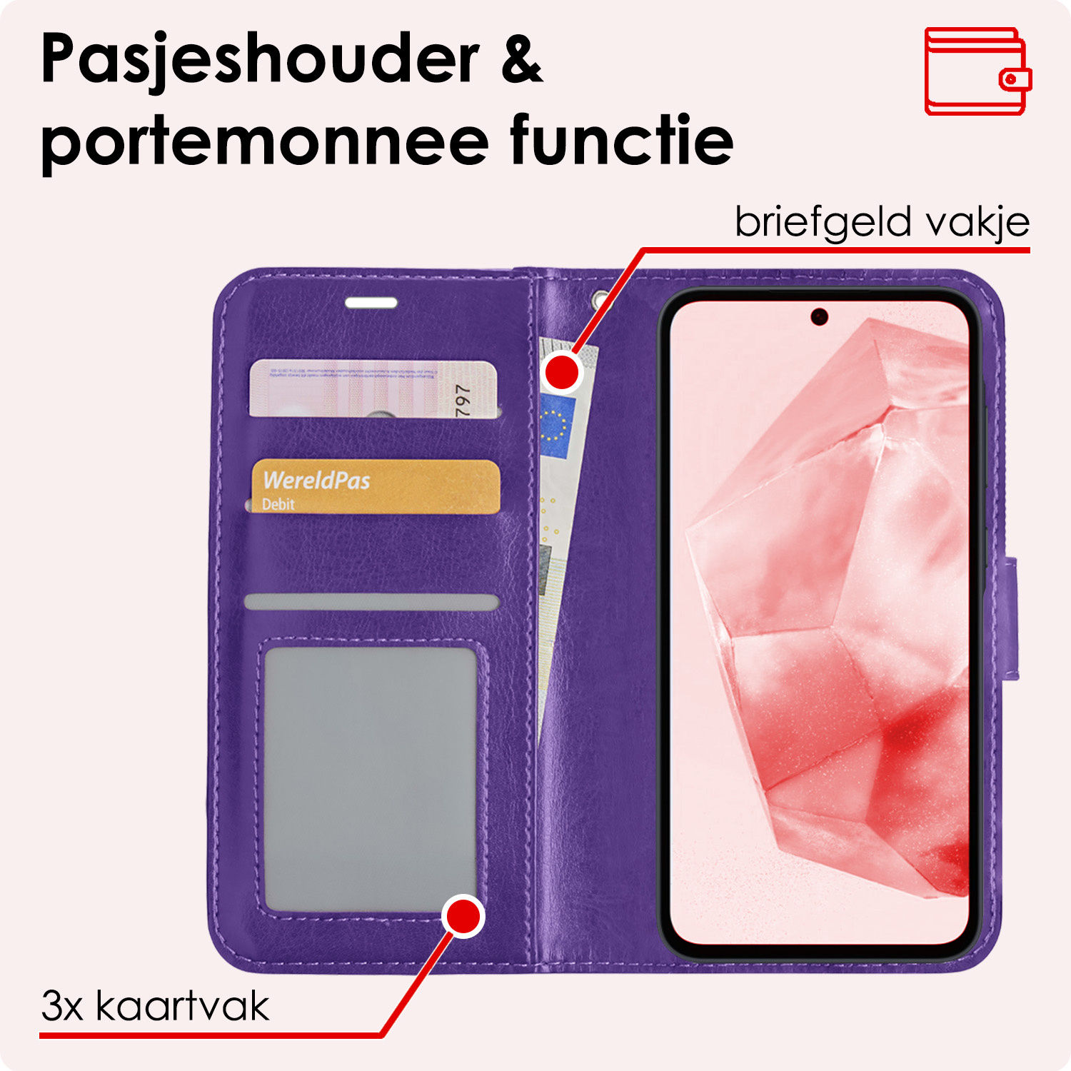 NoXx Hoes Geschikt voor Samsung A35 Hoesje Book Case Hoes Flip Cover Wallet Bookcase - Paars
