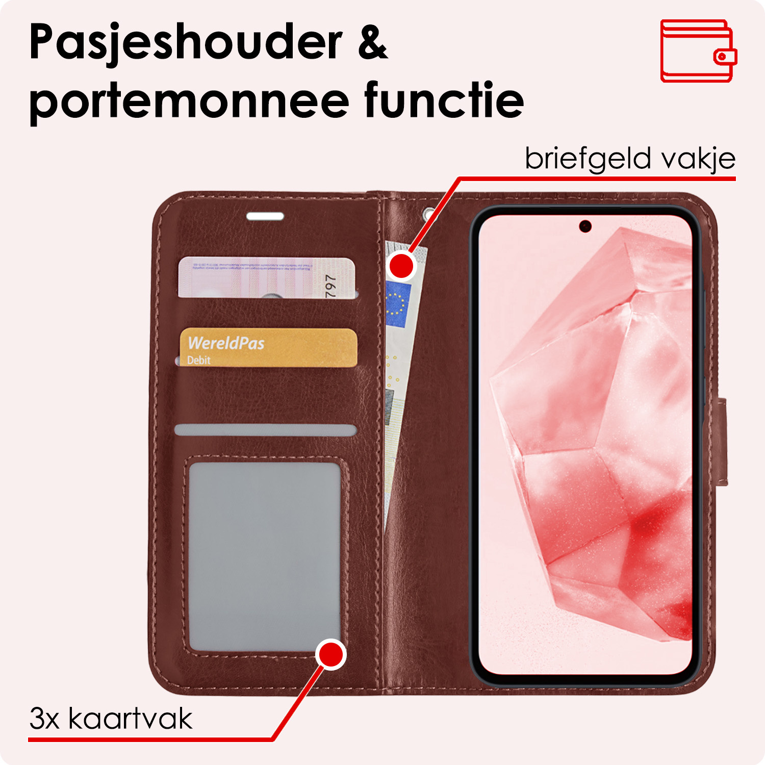 NoXx Hoes Geschikt voor Samsung A35 Hoesje Book Case Hoes Flip Cover Wallet Bookcase - Bruin