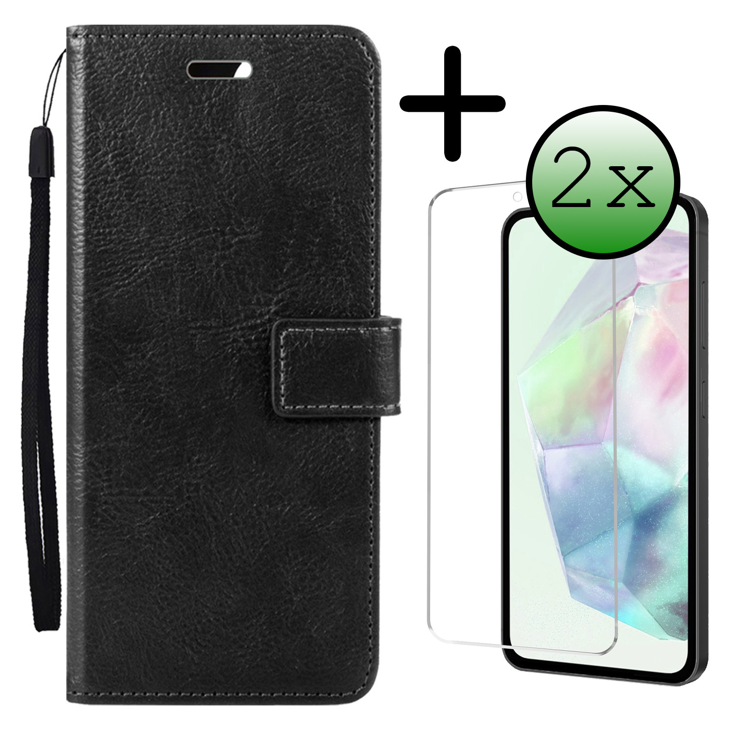 BASEY. Hoes Geschikt voor Samsung A35 Hoesje Bookcase Hoes Flip Case Book Cover Met 2x Screenprotector - Hoesje Geschikt voor Samsung Galaxy A35 5G Hoes Book Case Hoesje - Zwart