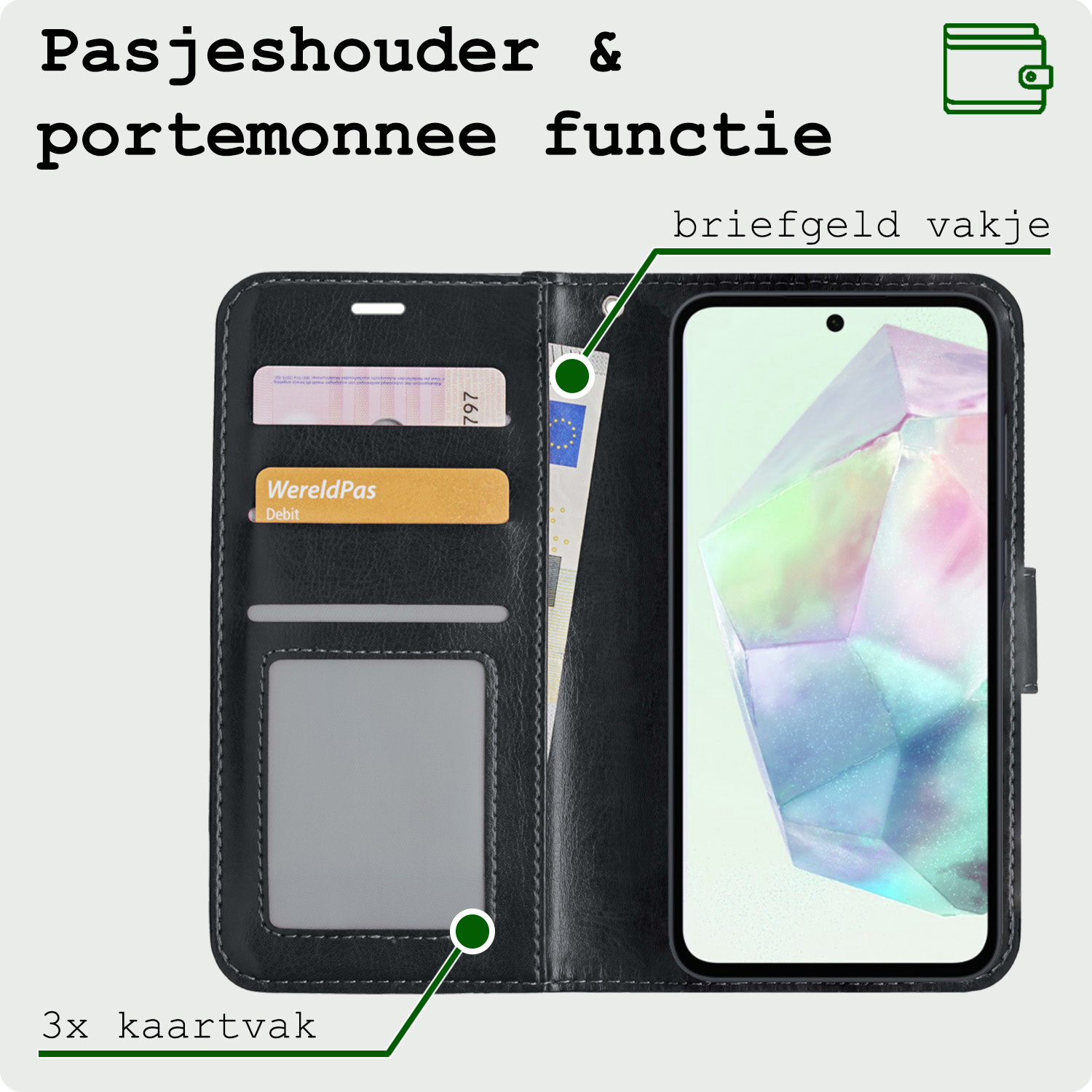 BASEY. Hoes Geschikt voor Samsung A35 Hoesje Bookcase Hoes Flip Case Book Cover Met 2x Screenprotector - Hoesje Geschikt voor Samsung Galaxy A35 5G Hoes Book Case Hoesje - Zwart