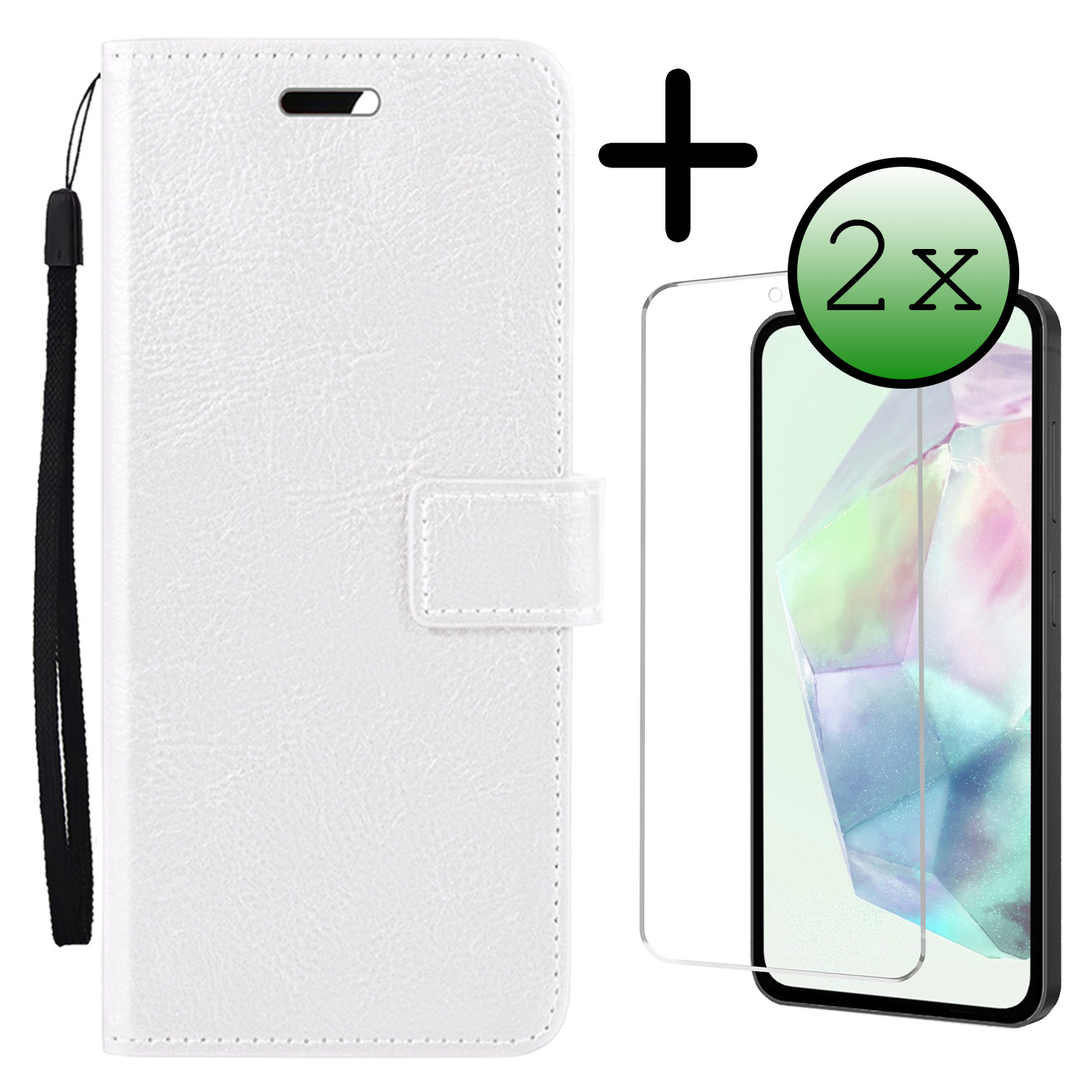 BASEY. Hoes Geschikt voor Samsung A35 Hoesje Bookcase Hoes Flip Case Book Cover Met 2x Screenprotector - Hoesje Geschikt voor Samsung Galaxy A35 5G Hoes Book Case Hoesje - Wit