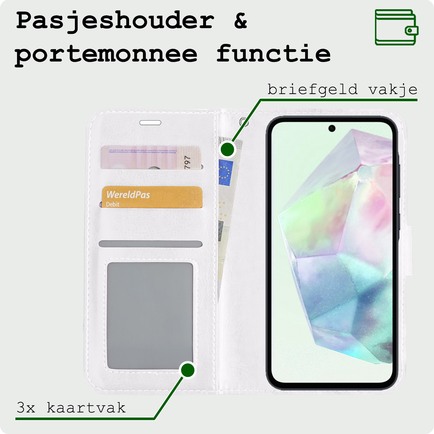 BASEY. Hoes Geschikt voor Samsung A35 Hoesje Bookcase Hoes Flip Case Book Cover Met 2x Screenprotector - Hoesje Geschikt voor Samsung Galaxy A35 5G Hoes Book Case Hoesje - Wit