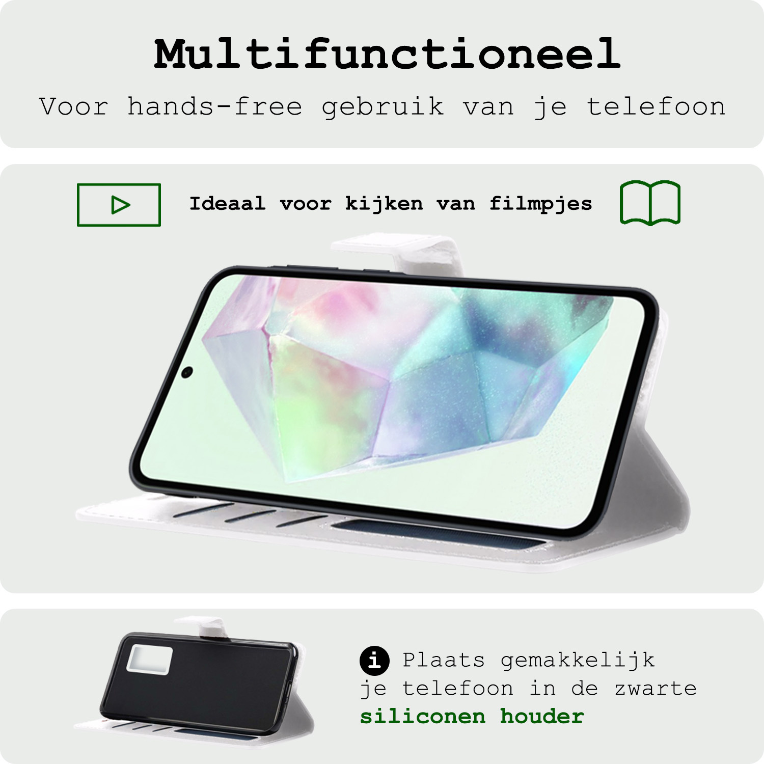 BASEY. Hoes Geschikt voor Samsung A35 Hoesje Bookcase Hoes Flip Case Book Cover Met 2x Screenprotector - Hoesje Geschikt voor Samsung Galaxy A35 5G Hoes Book Case Hoesje - Wit