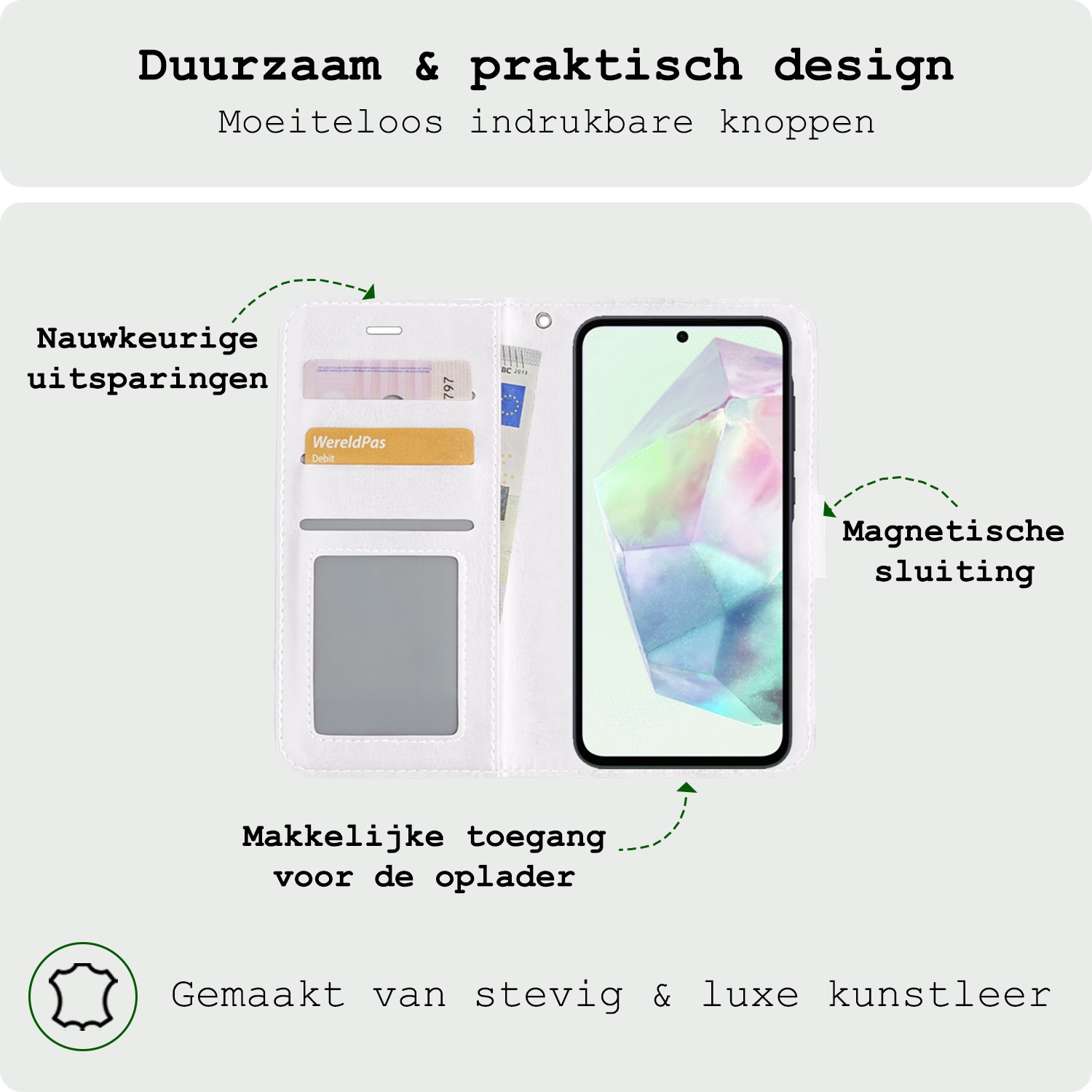 BASEY. Hoes Geschikt voor Samsung A35 Hoesje Bookcase Hoes Flip Case Book Cover Met 2x Screenprotector - Hoesje Geschikt voor Samsung Galaxy A35 5G Hoes Book Case Hoesje - Wit