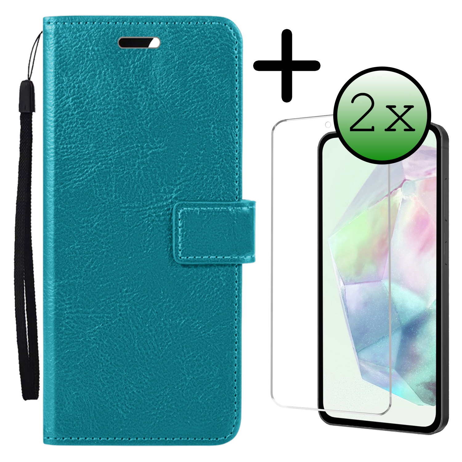 BASEY. Hoes Geschikt voor Samsung A35 Hoesje Bookcase Hoes Flip Case Book Cover Met 2x Screenprotector - Hoesje Geschikt voor Samsung Galaxy A35 5G Hoes Book Case Hoesje - Turquoise