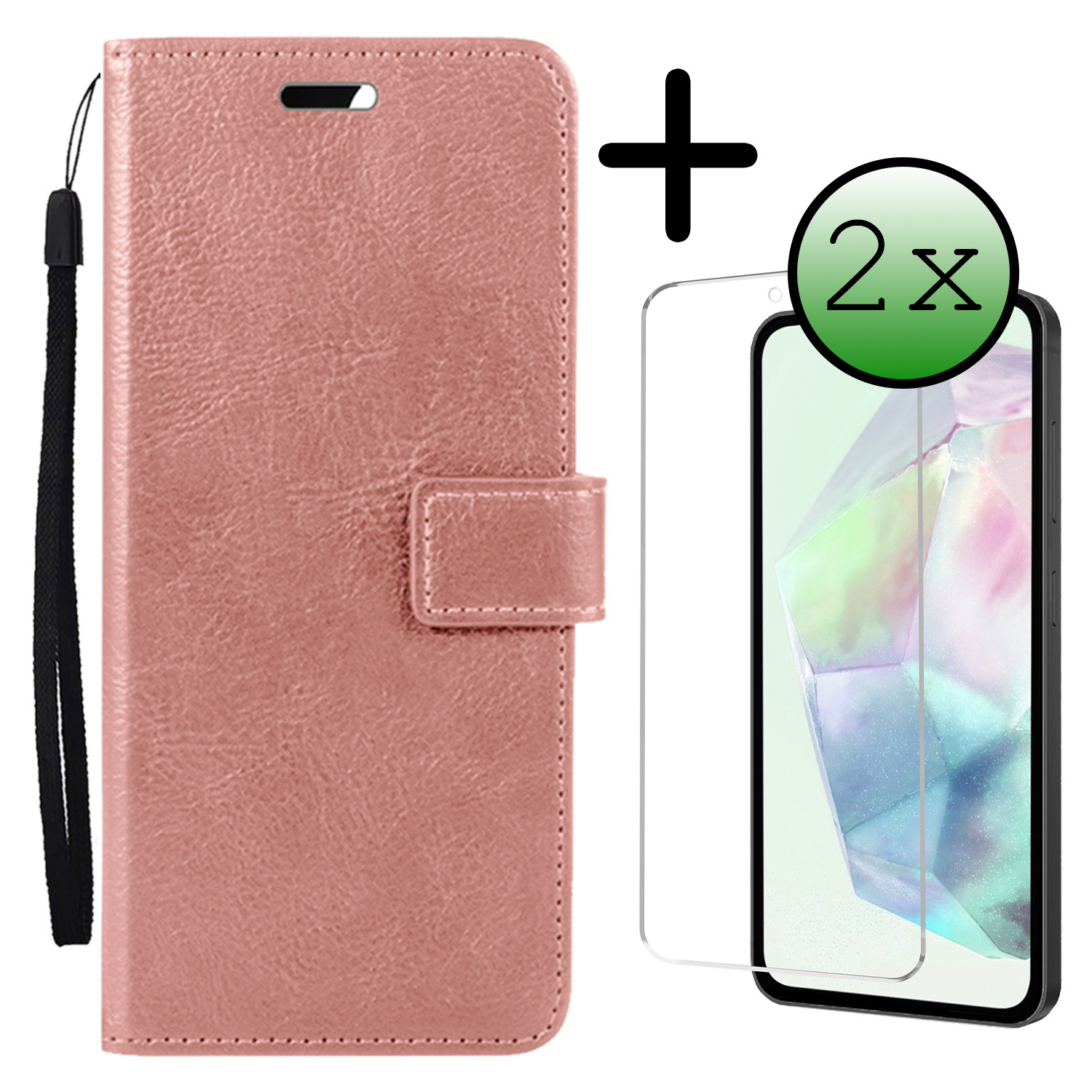 BASEY. Hoes Geschikt voor Samsung A35 Hoesje Bookcase Hoes Flip Case Book Cover Met 2x Screenprotector - Hoesje Geschikt voor Samsung Galaxy A35 5G Hoes Book Case Hoesje - Rosé goud