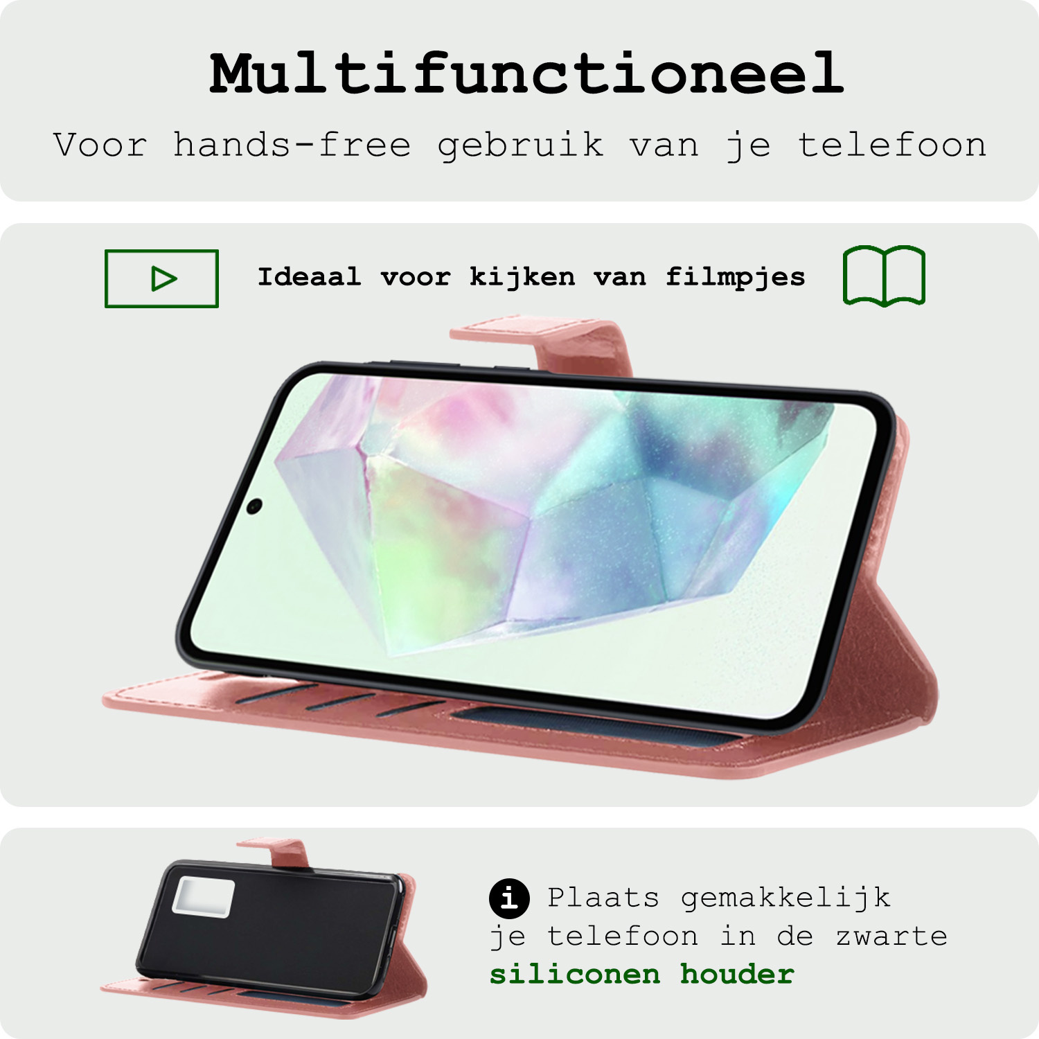 BASEY. Hoes Geschikt voor Samsung A35 Hoesje Bookcase Hoes Flip Case Book Cover Met 2x Screenprotector - Hoesje Geschikt voor Samsung Galaxy A35 5G Hoes Book Case Hoesje - Rosé goud