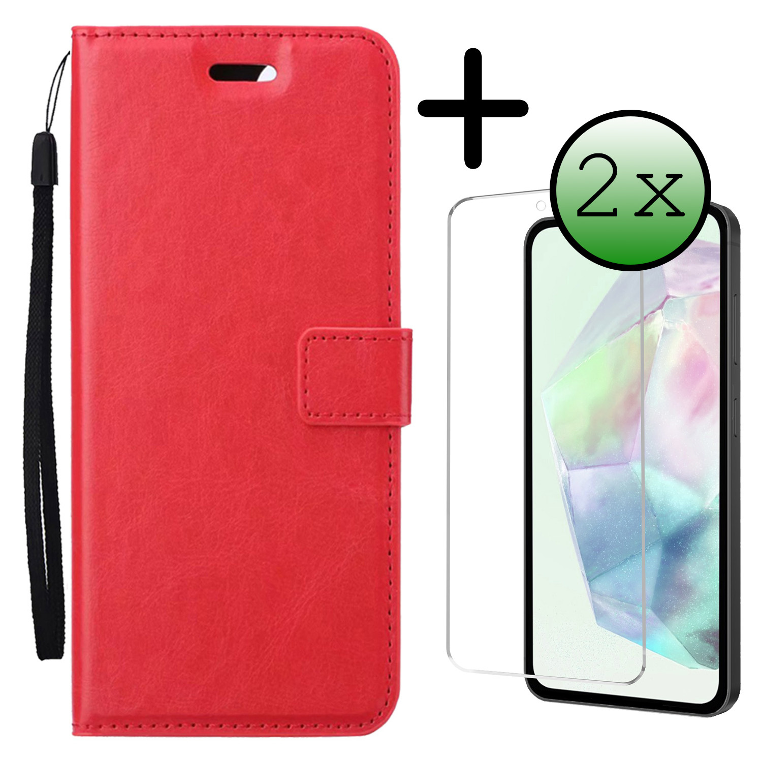 BASEY. Hoes Geschikt voor Samsung A35 Hoesje Bookcase Hoes Flip Case Book Cover Met 2x Screenprotector - Hoesje Geschikt voor Samsung Galaxy A35 5G Hoes Book Case Hoesje - Rood