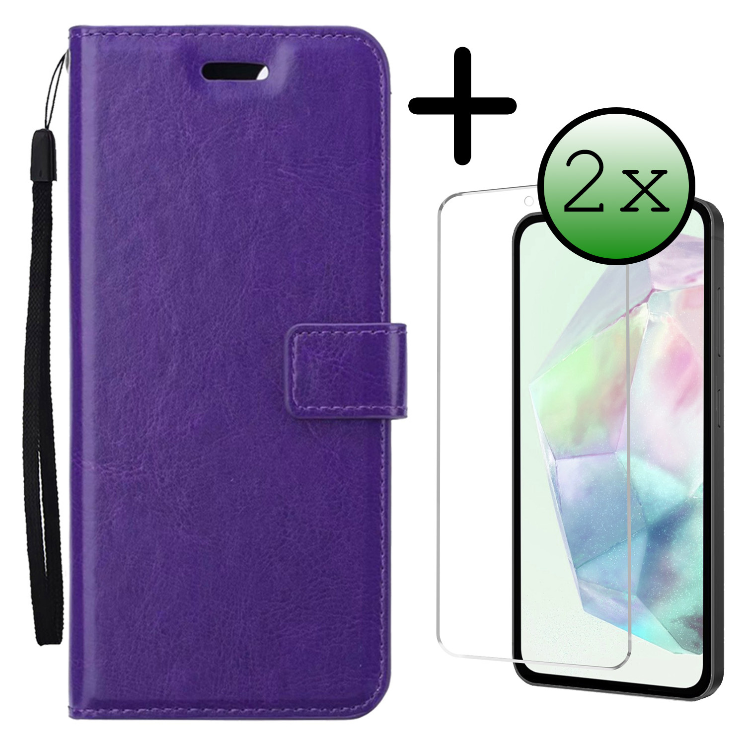 BASEY. Hoes Geschikt voor Samsung A35 Hoesje Bookcase Hoes Flip Case Book Cover Met 2x Screenprotector - Hoesje Geschikt voor Samsung Galaxy A35 5G Hoes Book Case Hoesje - Paars