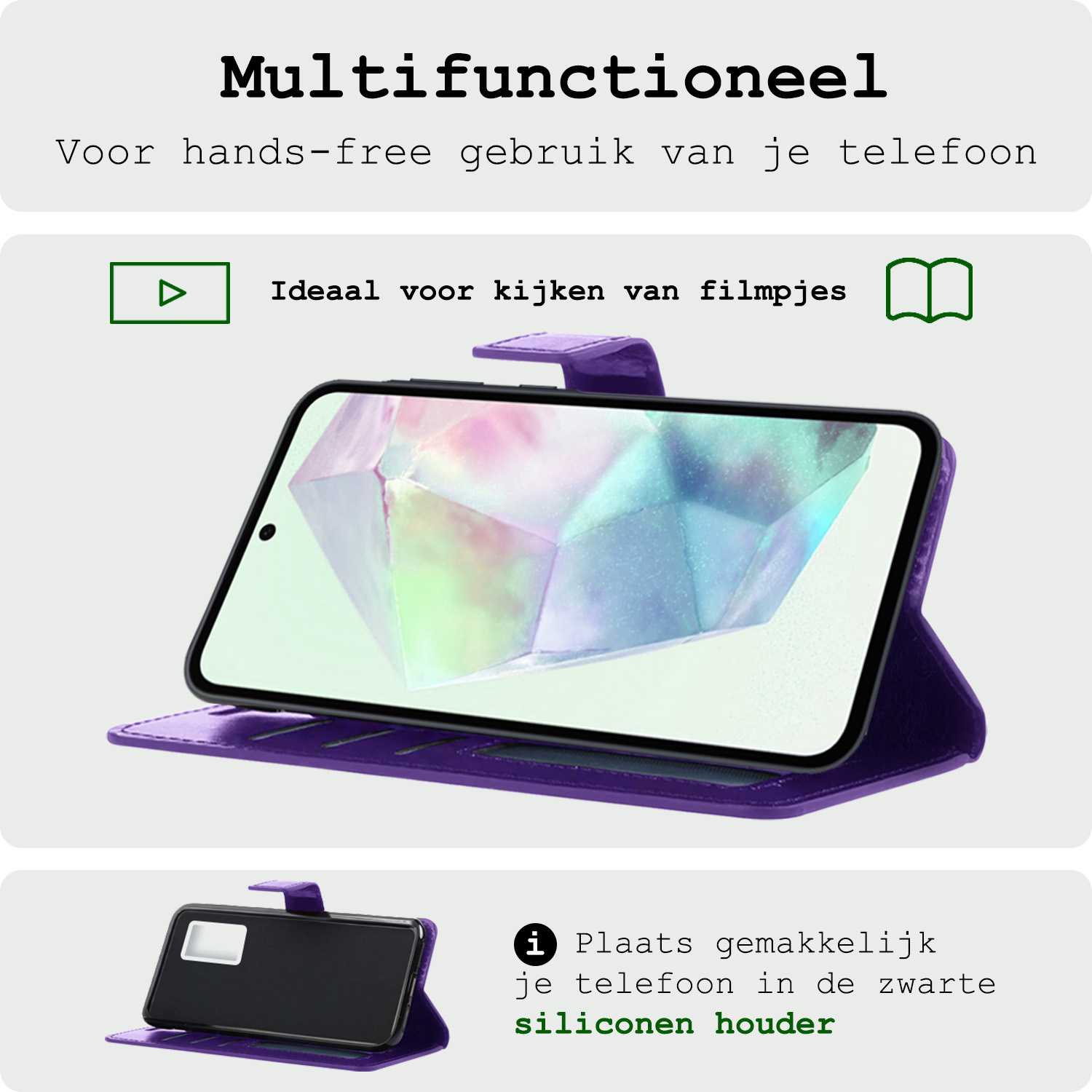 BASEY. Hoes Geschikt voor Samsung A35 Hoesje Bookcase Hoes Flip Case Book Cover Met 2x Screenprotector - Hoesje Geschikt voor Samsung Galaxy A35 5G Hoes Book Case Hoesje - Paars