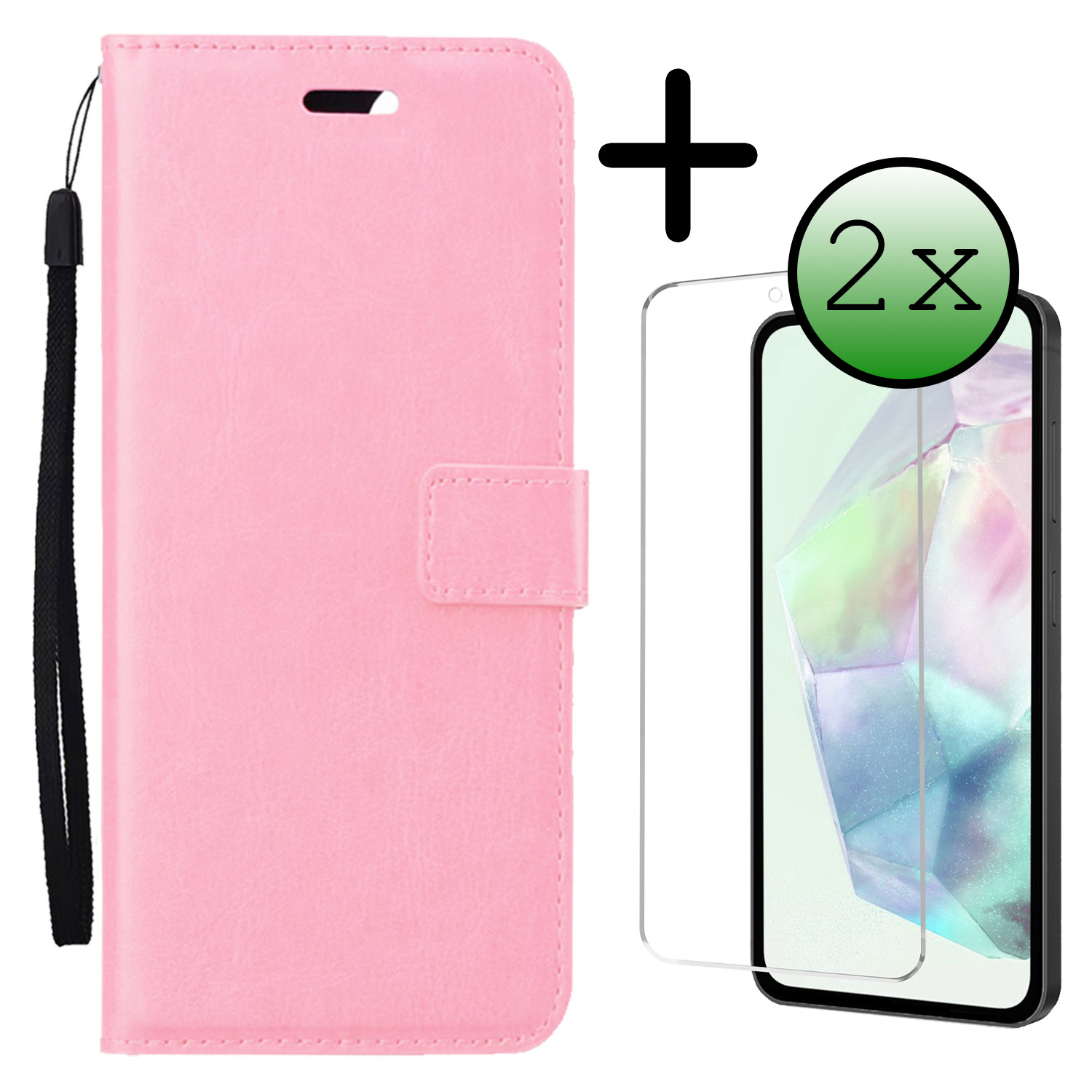 BASEY. Hoes Geschikt voor Samsung A35 Hoesje Bookcase Hoes Flip Case Book Cover Met 2x Screenprotector - Hoesje Geschikt voor Samsung Galaxy A35 5G Hoes Book Case Hoesje - Lichtroze