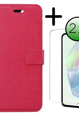 BASEY. Hoes Geschikt voor Samsung A35 Hoesje Bookcase Hoes Flip Case Book Cover Met 2x Screenprotector - Hoesje Geschikt voor Samsung Galaxy A35 5G Hoes Book Case Hoesje - Donkerroze