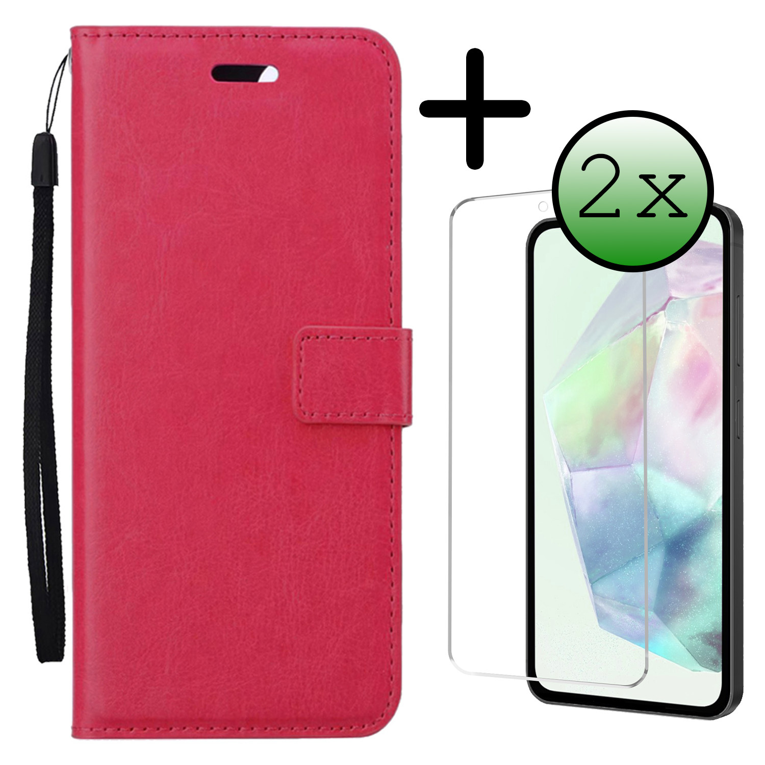 BASEY. Hoes Geschikt voor Samsung A35 Hoesje Bookcase Hoes Flip Case Book Cover Met 2x Screenprotector - Hoesje Geschikt voor Samsung Galaxy A35 5G Hoes Book Case Hoesje - Donkerroze