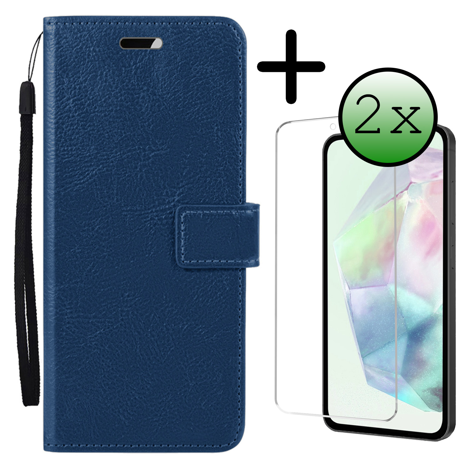 BASEY. Hoes Geschikt voor Samsung A35 Hoesje Bookcase Hoes Flip Case Book Cover Met 2x Screenprotector - Hoesje Geschikt voor Samsung Galaxy A35 5G Hoes Book Case Hoesje - Donkerblauw