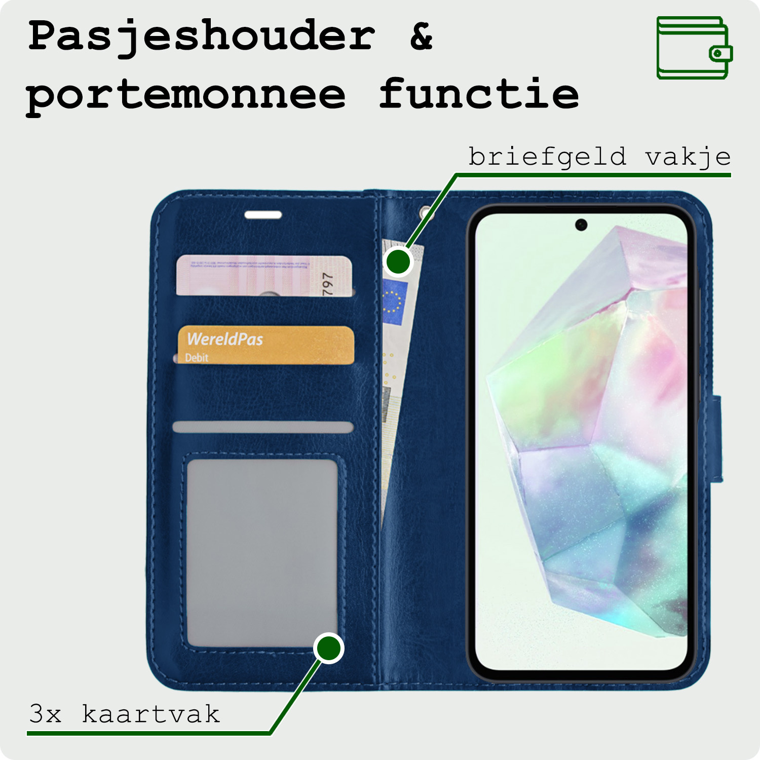 BASEY. Hoes Geschikt voor Samsung A35 Hoesje Bookcase Hoes Flip Case Book Cover Met 2x Screenprotector - Hoesje Geschikt voor Samsung Galaxy A35 5G Hoes Book Case Hoesje - Donkerblauw