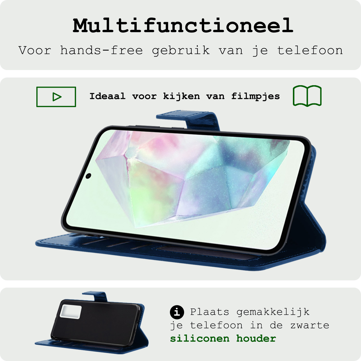 BASEY. Hoes Geschikt voor Samsung A35 Hoesje Bookcase Hoes Flip Case Book Cover Met 2x Screenprotector - Hoesje Geschikt voor Samsung Galaxy A35 5G Hoes Book Case Hoesje - Donkerblauw