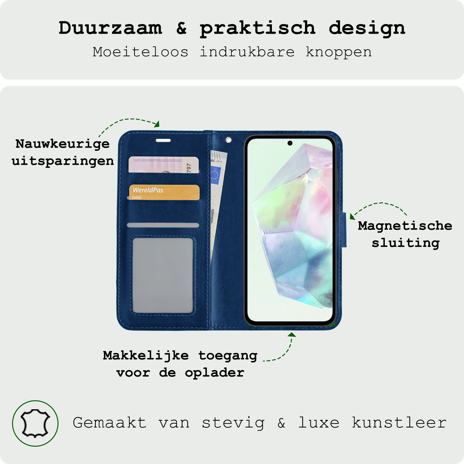 BASEY. Hoes Geschikt voor Samsung A35 Hoesje Bookcase Hoes Flip Case Book Cover Met 2x Screenprotector - Hoesje Geschikt voor Samsung Galaxy A35 5G Hoes Book Case Hoesje - Donkerblauw