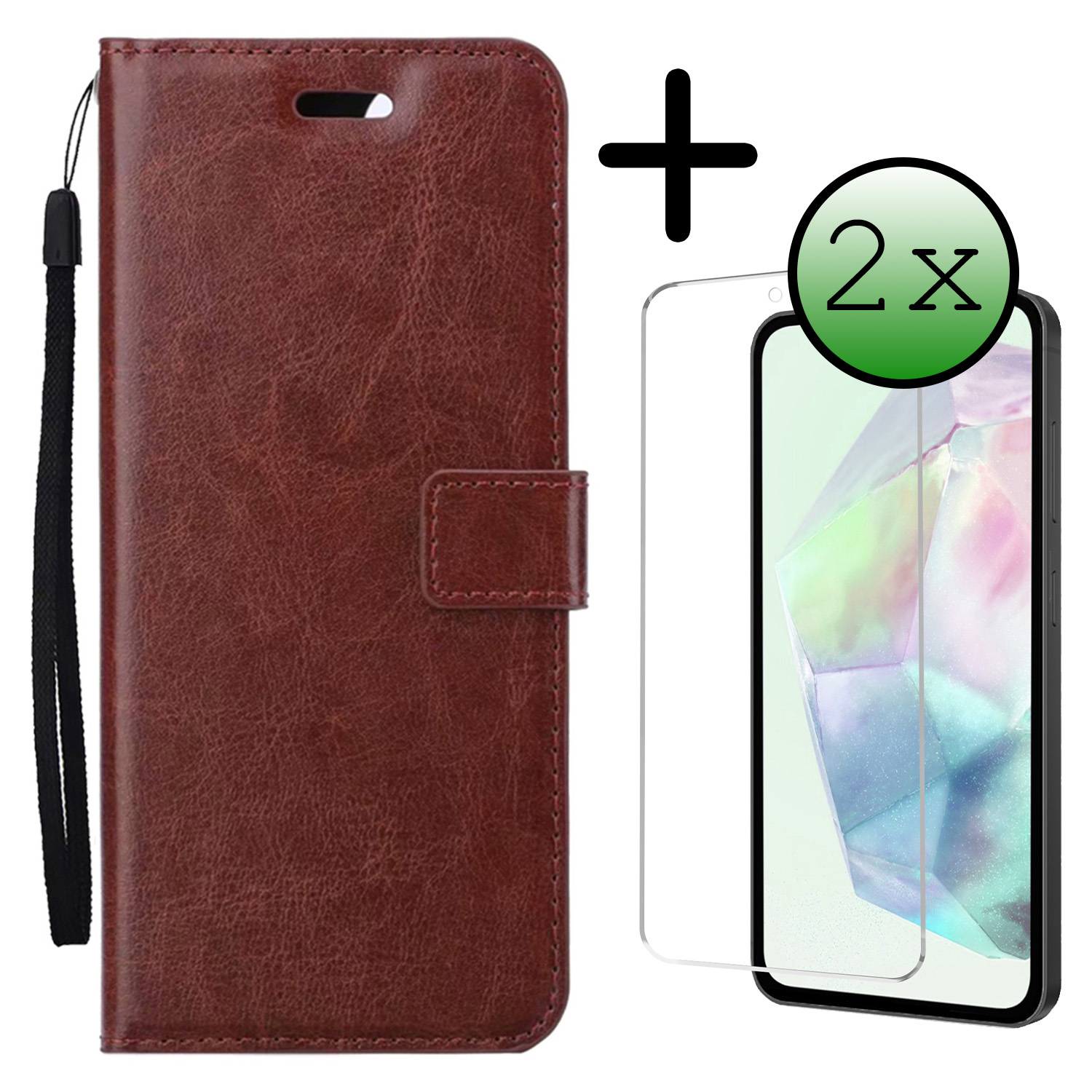 BASEY. Hoes Geschikt voor Samsung A35 Hoesje Bookcase Hoes Flip Case Book Cover Met 2x Screenprotector - Hoesje Geschikt voor Samsung Galaxy A35 5G Hoes Book Case Hoesje - Bruin