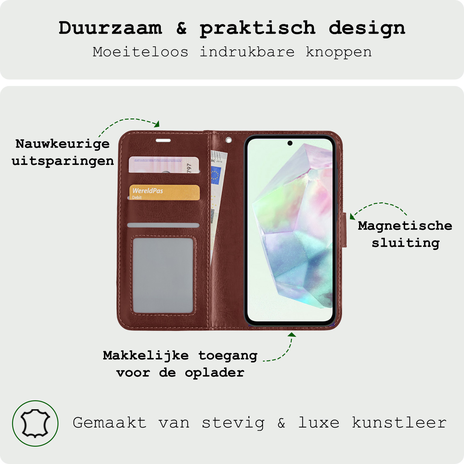 BASEY. Hoes Geschikt voor Samsung A35 Hoesje Bookcase Hoes Flip Case Book Cover Met 2x Screenprotector - Hoesje Geschikt voor Samsung Galaxy A35 5G Hoes Book Case Hoesje - Bruin