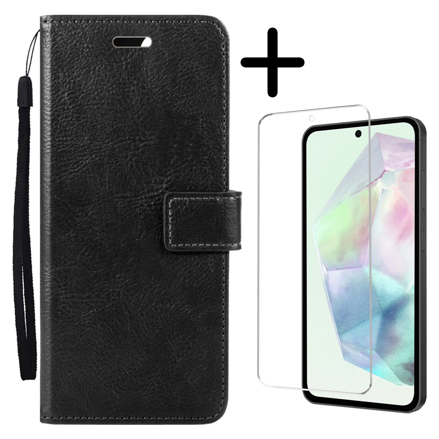 BASEY. Hoes Geschikt voor Samsung A35 Hoesje Bookcase Hoes Flip Case Book Cover Met Screenprotector - Hoesje Geschikt voor Samsung Galaxy A35 5G Hoes Book Case Hoesje - Zwart