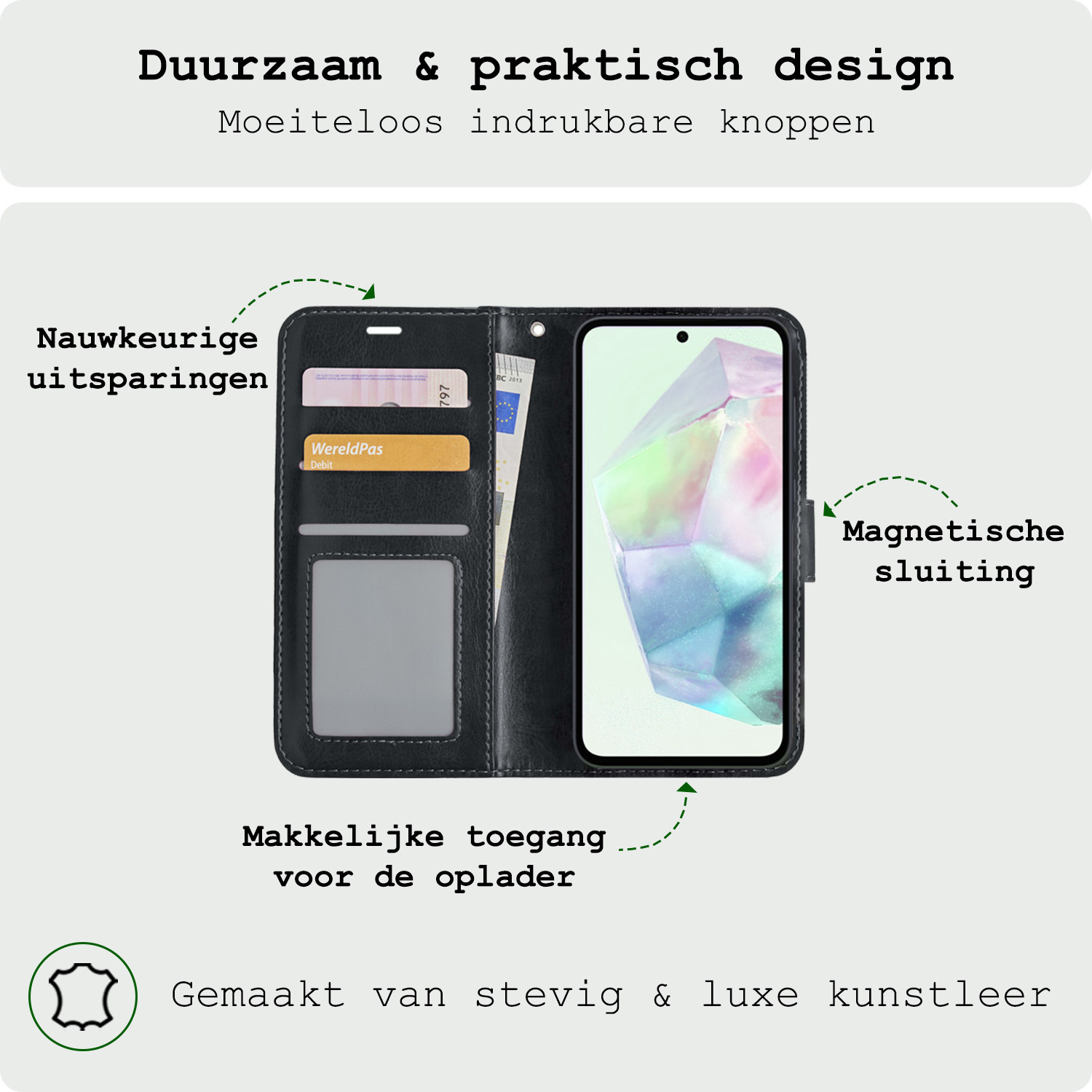 BASEY. Hoes Geschikt voor Samsung A35 Hoesje Bookcase Hoes Flip Case Book Cover Met Screenprotector - Hoesje Geschikt voor Samsung Galaxy A35 5G Hoes Book Case Hoesje - Zwart